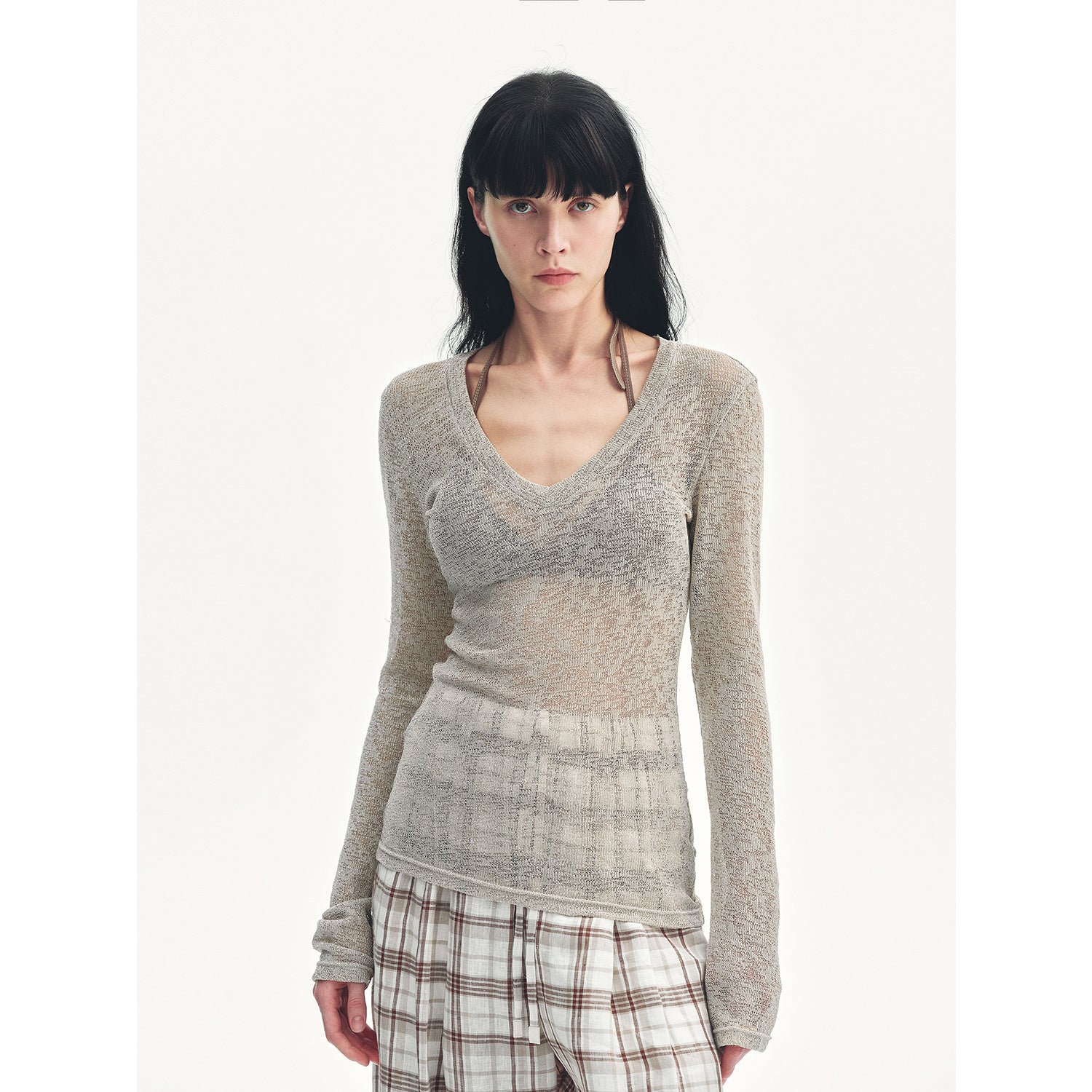 Spring Old Dream Loose and versatile slightly hollow V-neck straight shoulder top