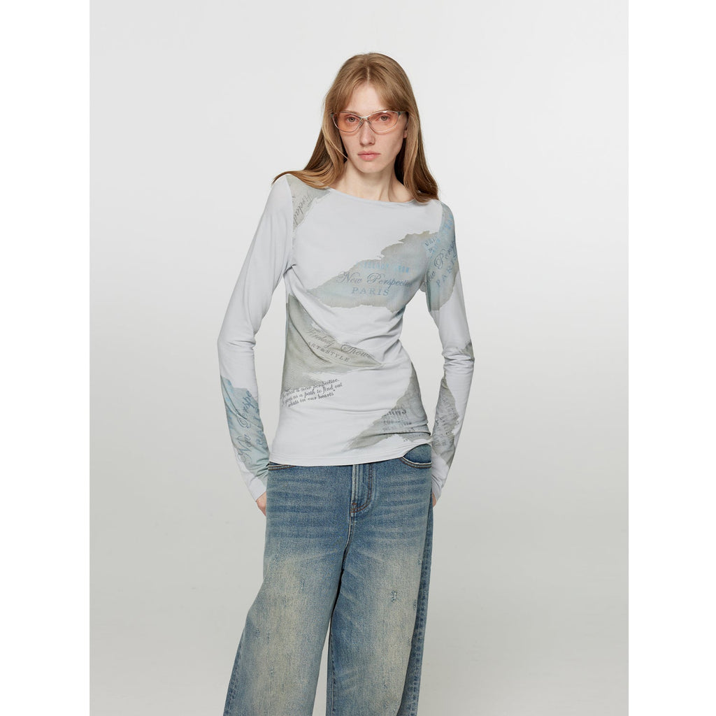 Letter from Morning and Evening Silk Cotton Blended/Original Printed One-line Collar Long Sleeve T-Shirt Women's Fitted Top Spring