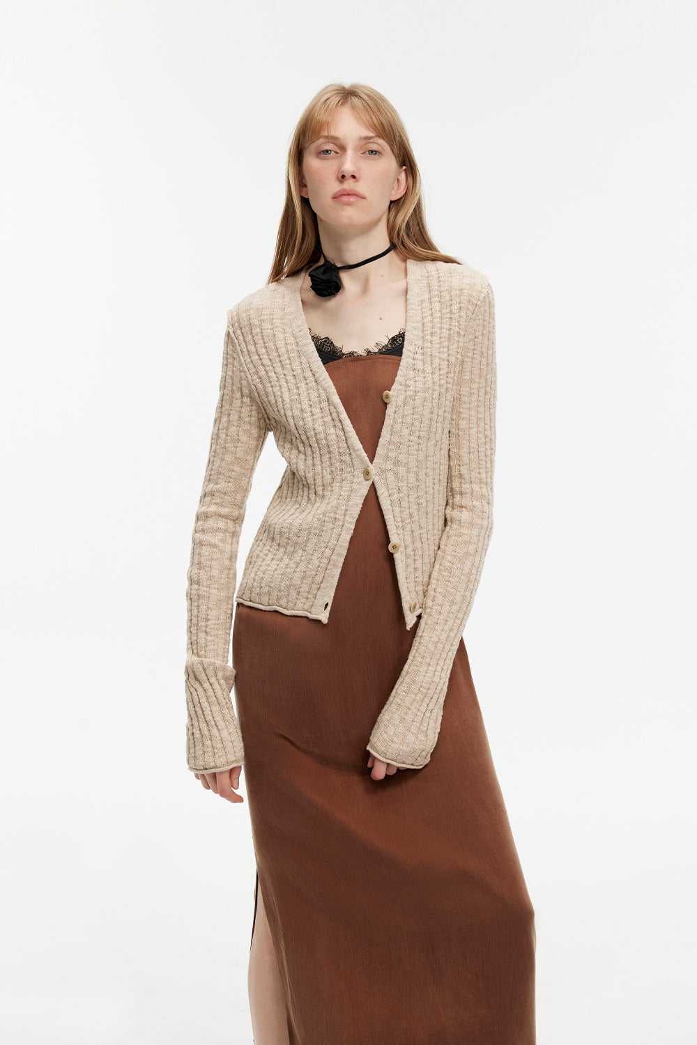 Spring Grass Single luxury brand same version cotton linen yarn V-neck slim pit short knitted cardigan