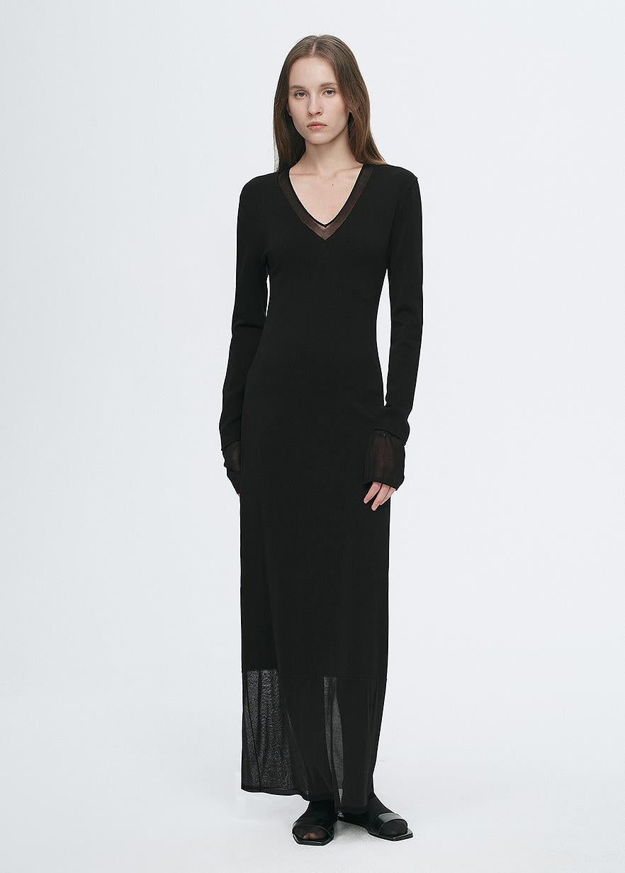 Elegant and intellectual triacetate Tencel blended skin-friendly transparent splicing design V-neck dress