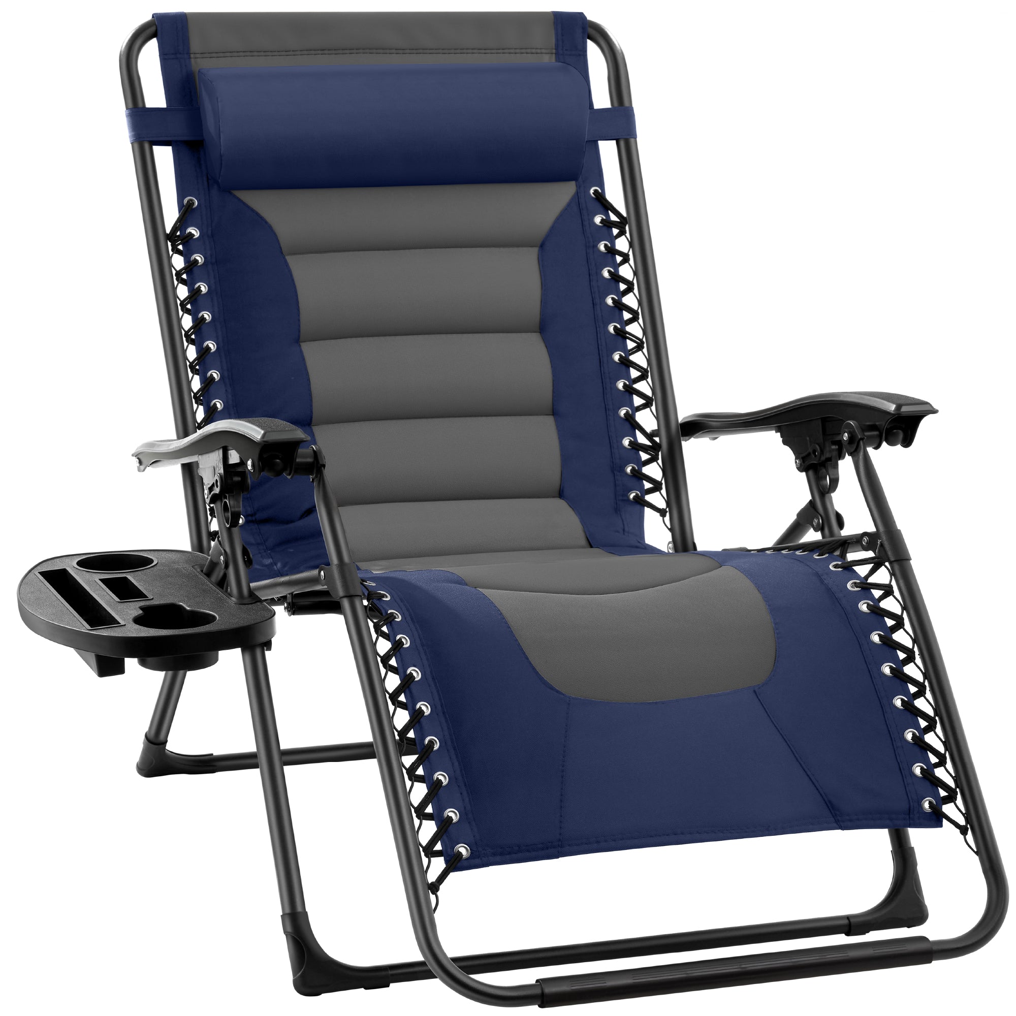 Oversized Padded Zero Gravity Chair, Folding Recliner w/ Headrest, Side Tray - Navy/Gray