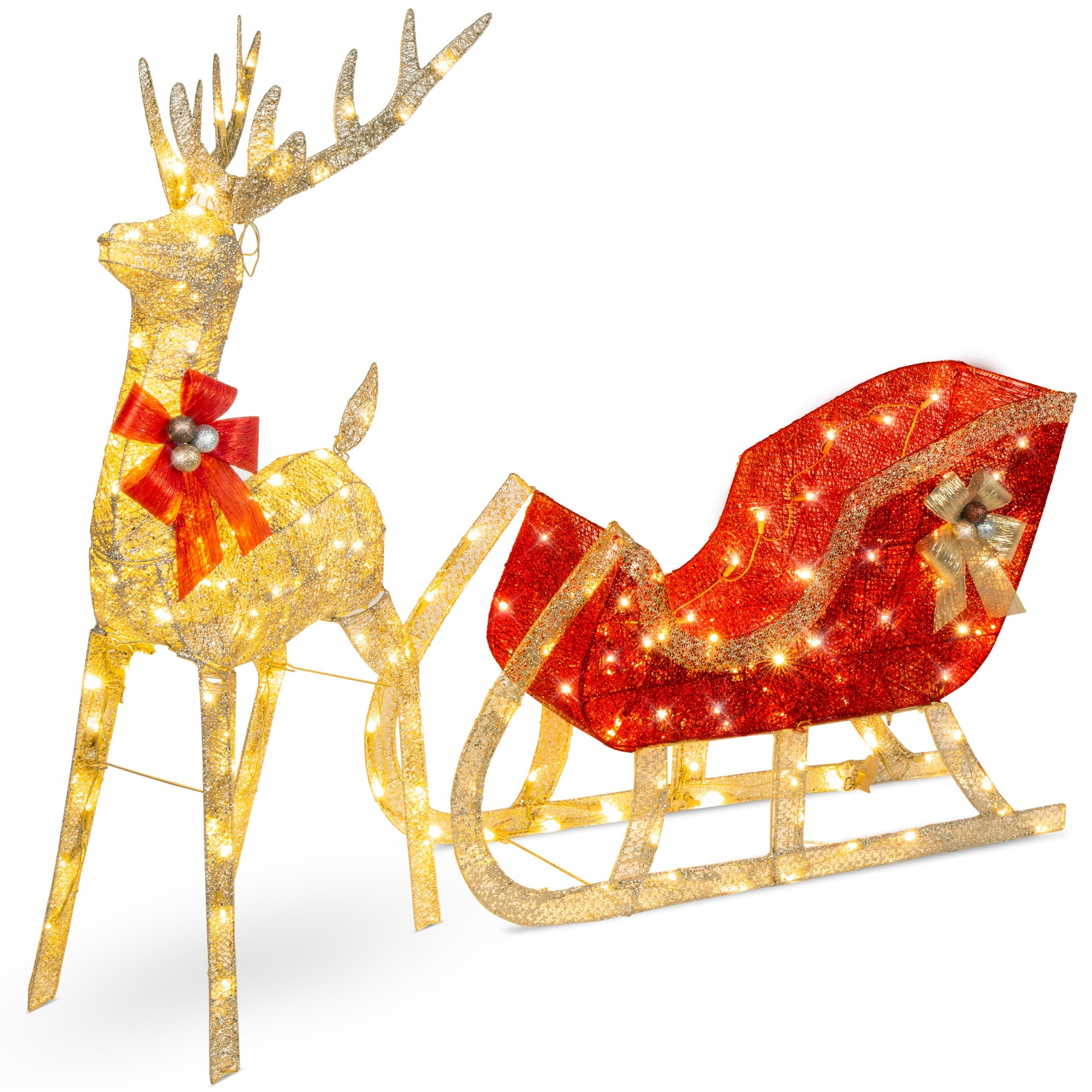 XL Lighted Christmas Reindeer & Sleigh Outdoor Decor Set w/ LED Lights - Gold