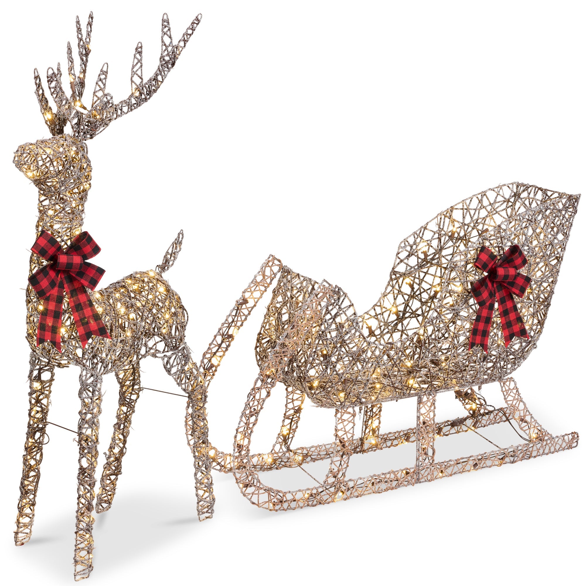 XL Lighted Christmas Reindeer & Sleigh Outdoor Decor Set w/ LED Lights - Rattan
