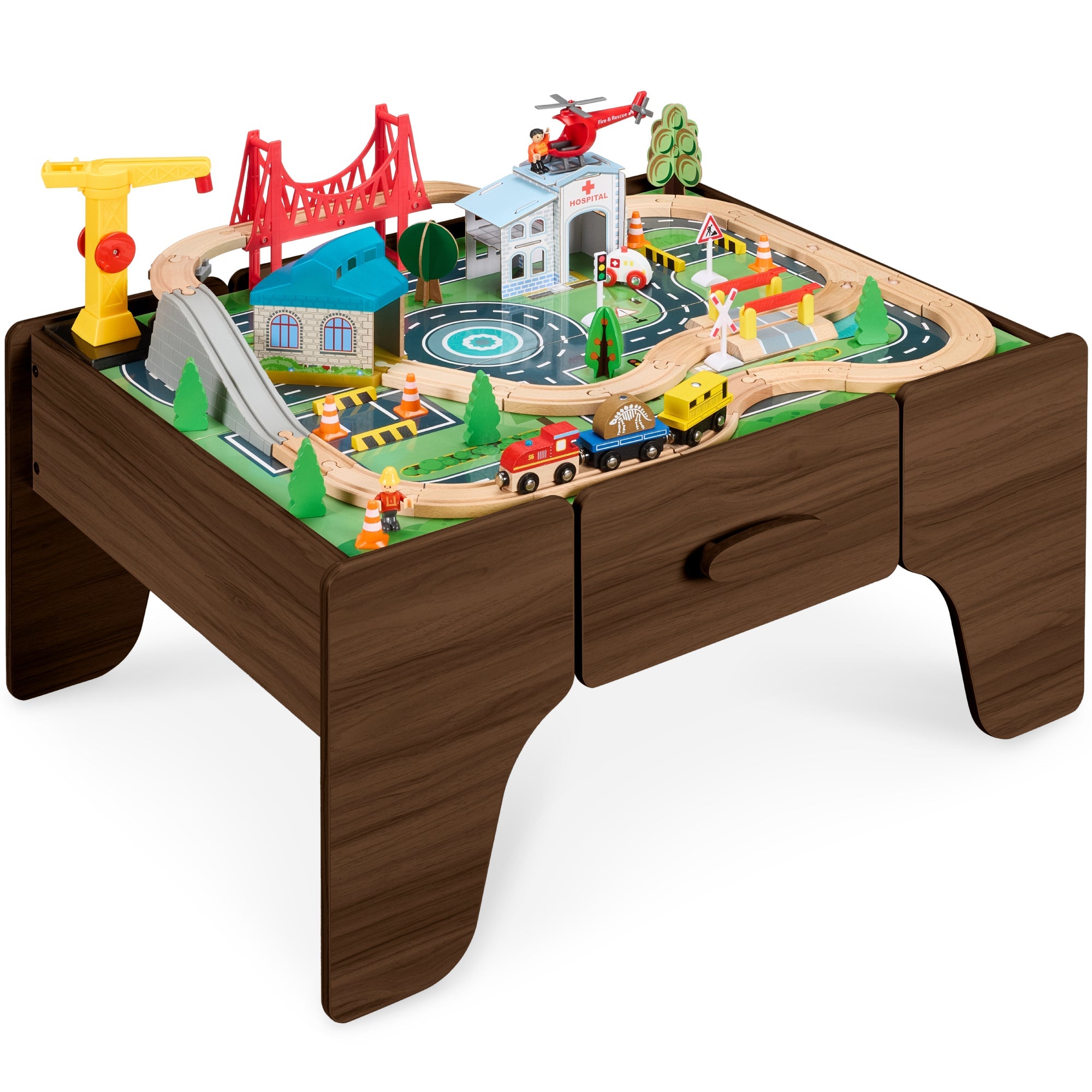 56 Piece Wooden Train Set Table for Kids w/Toy Storage Drawer - Walnut