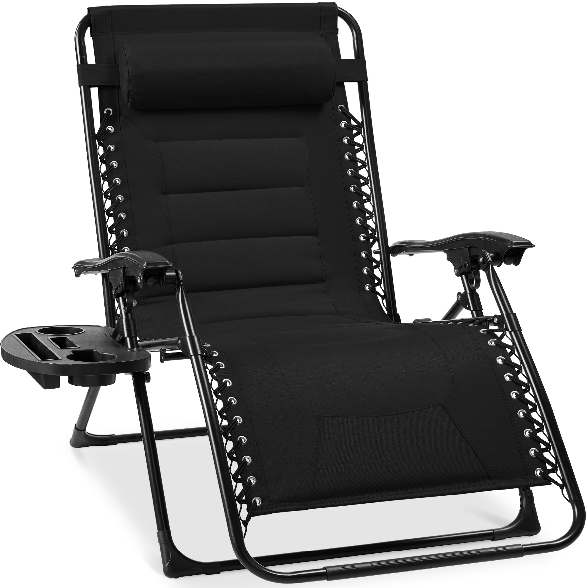Oversized Padded Zero Gravity Chair, Folding Recliner w/ Headrest, Side Tray - Black