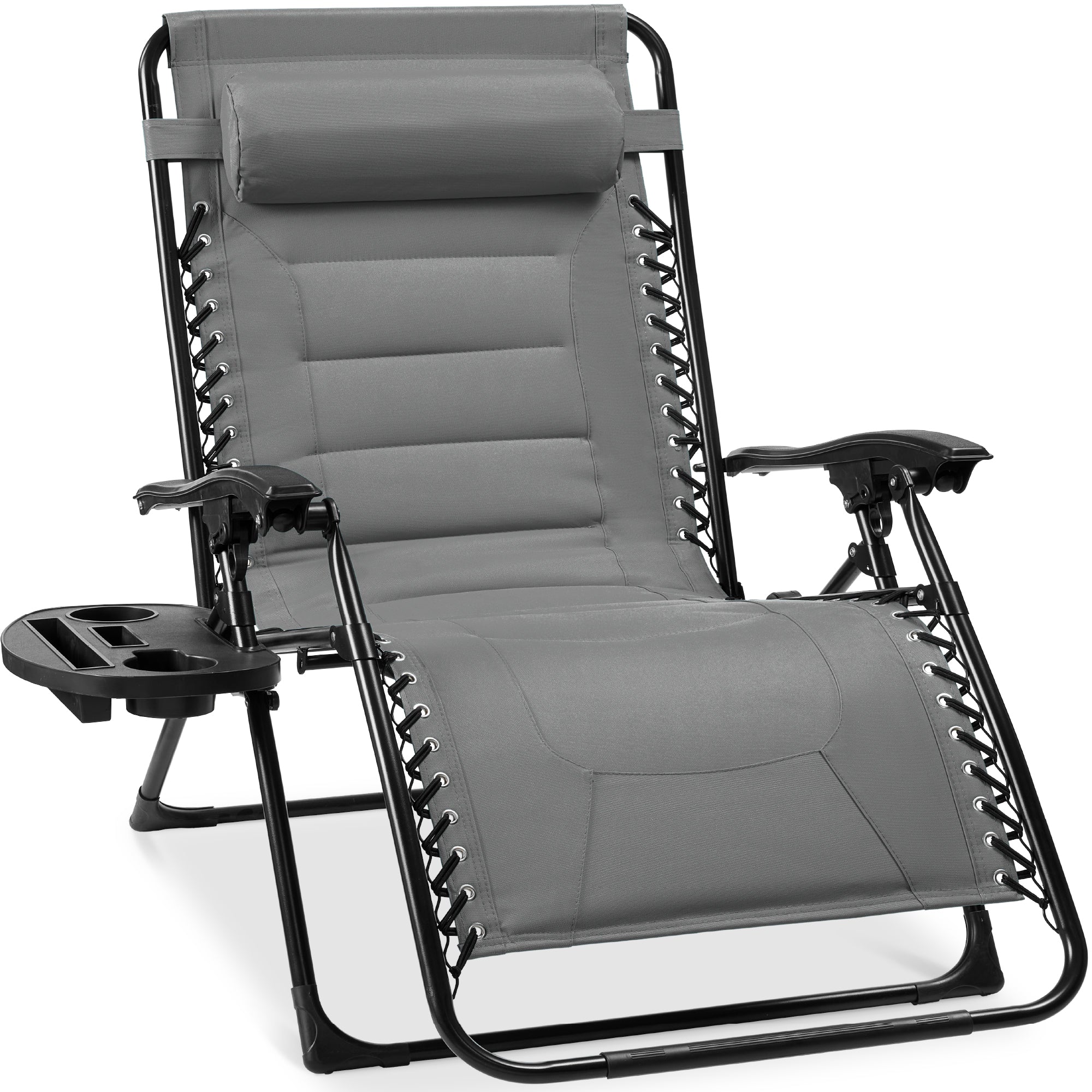Oversized Padded Zero Gravity Chair, Folding Recliner w/ Headrest, Side Tray - Ice Gray