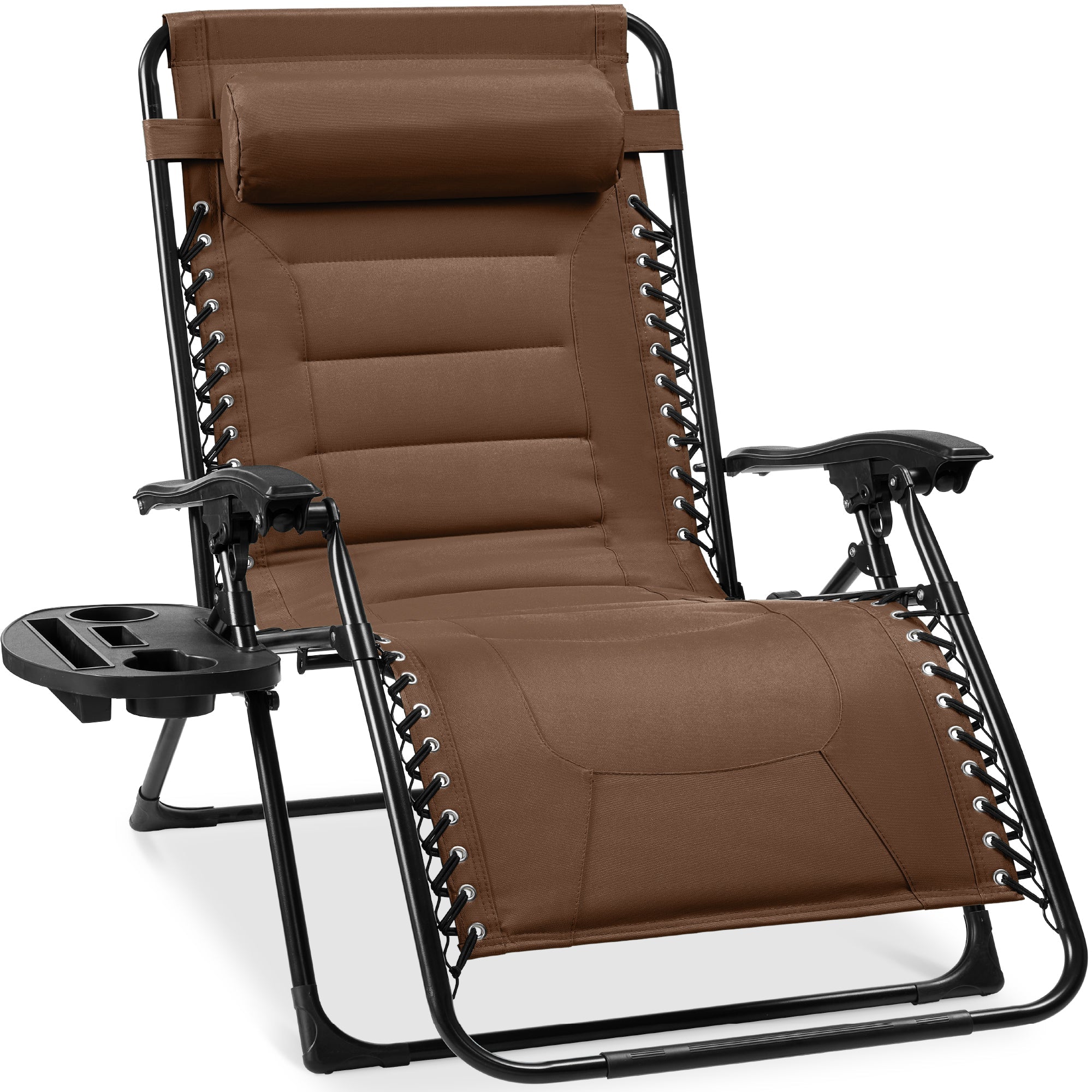 Oversized Padded Zero Gravity Chair, Folding Recliner w/ Headrest, Side Tray - Dark Brown