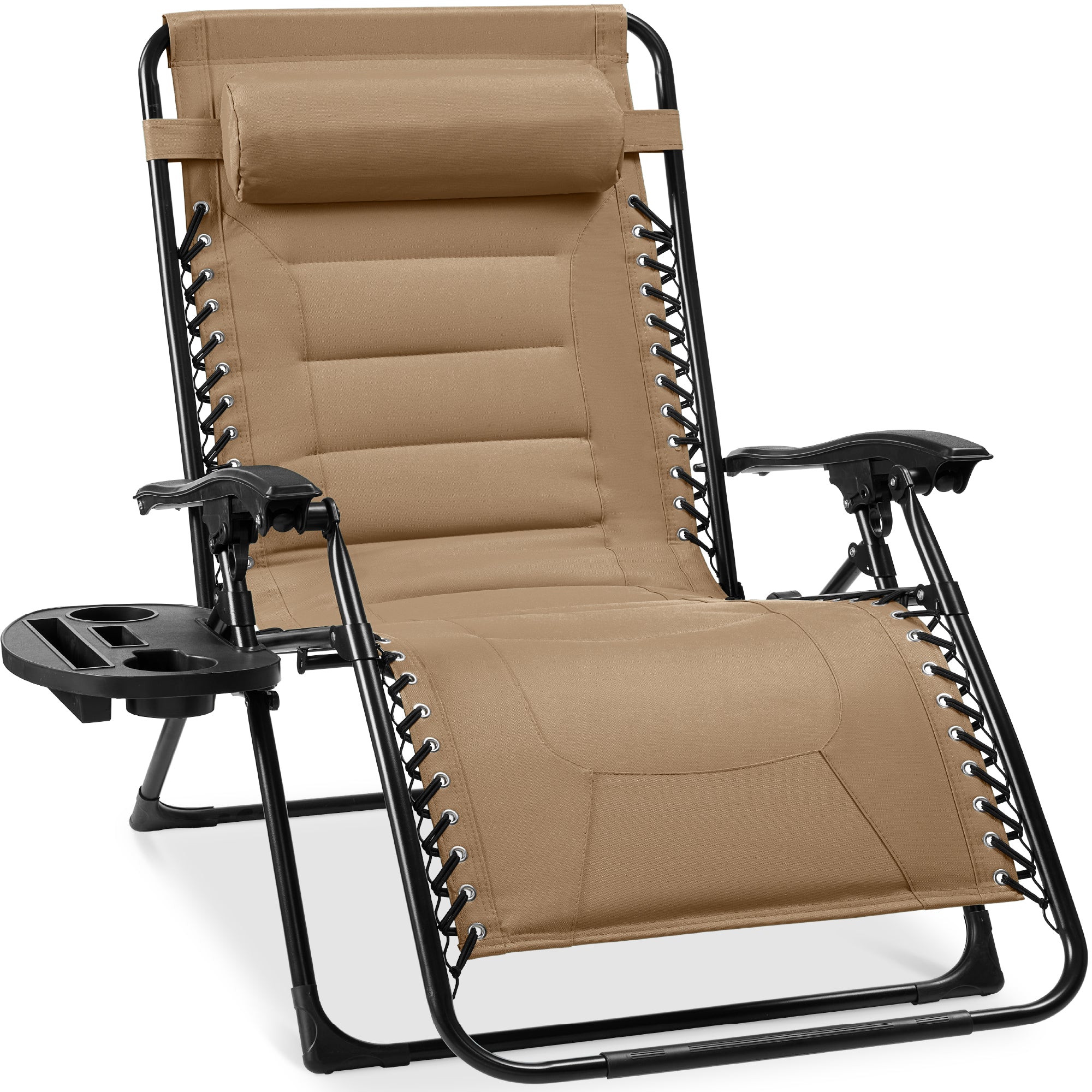 Oversized Padded Zero Gravity Chair, Folding Recliner w/ Headrest, Side Tray - Beige