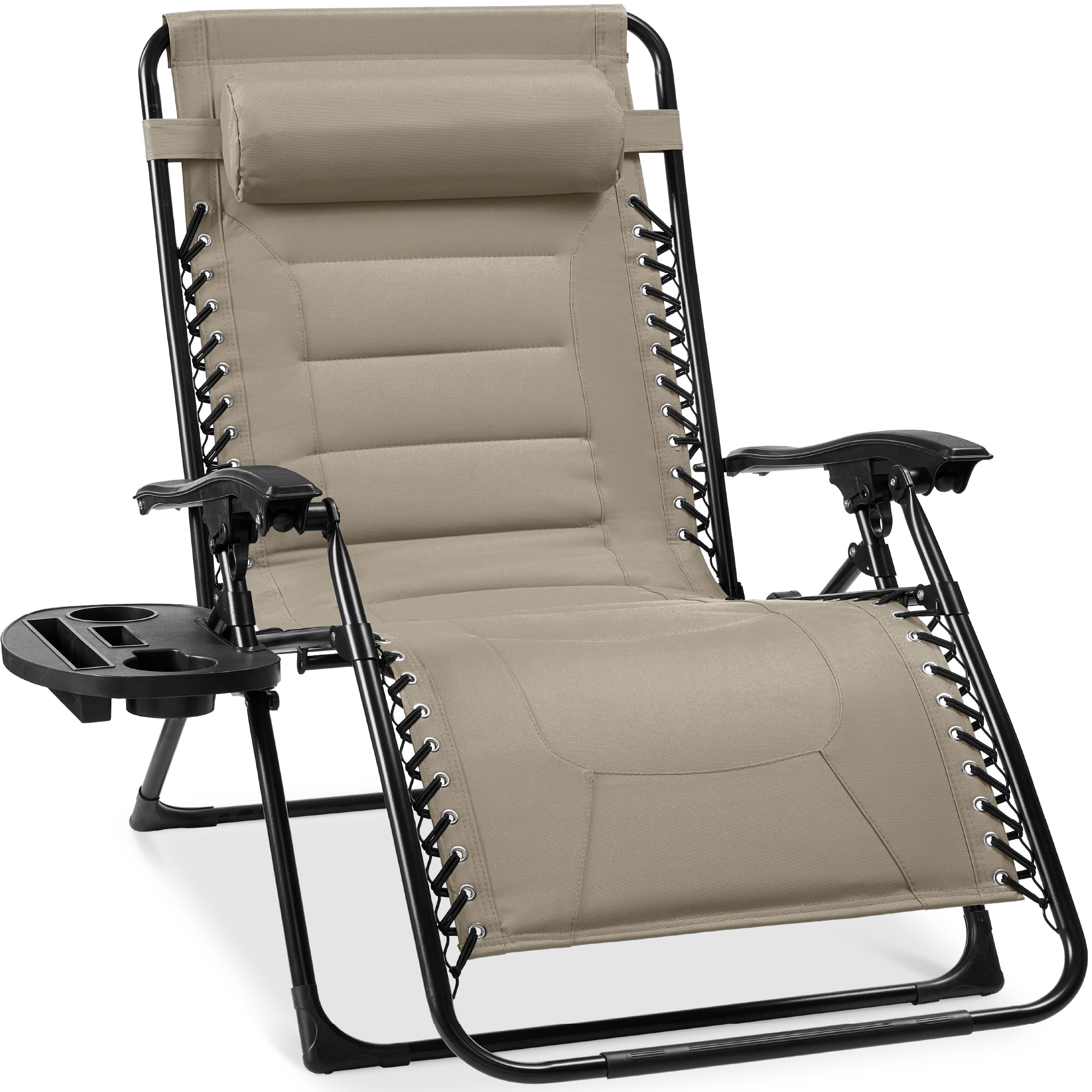 Oversized Padded Zero Gravity Chair, Folding Recliner w/ Headrest, Side Tray - Dune