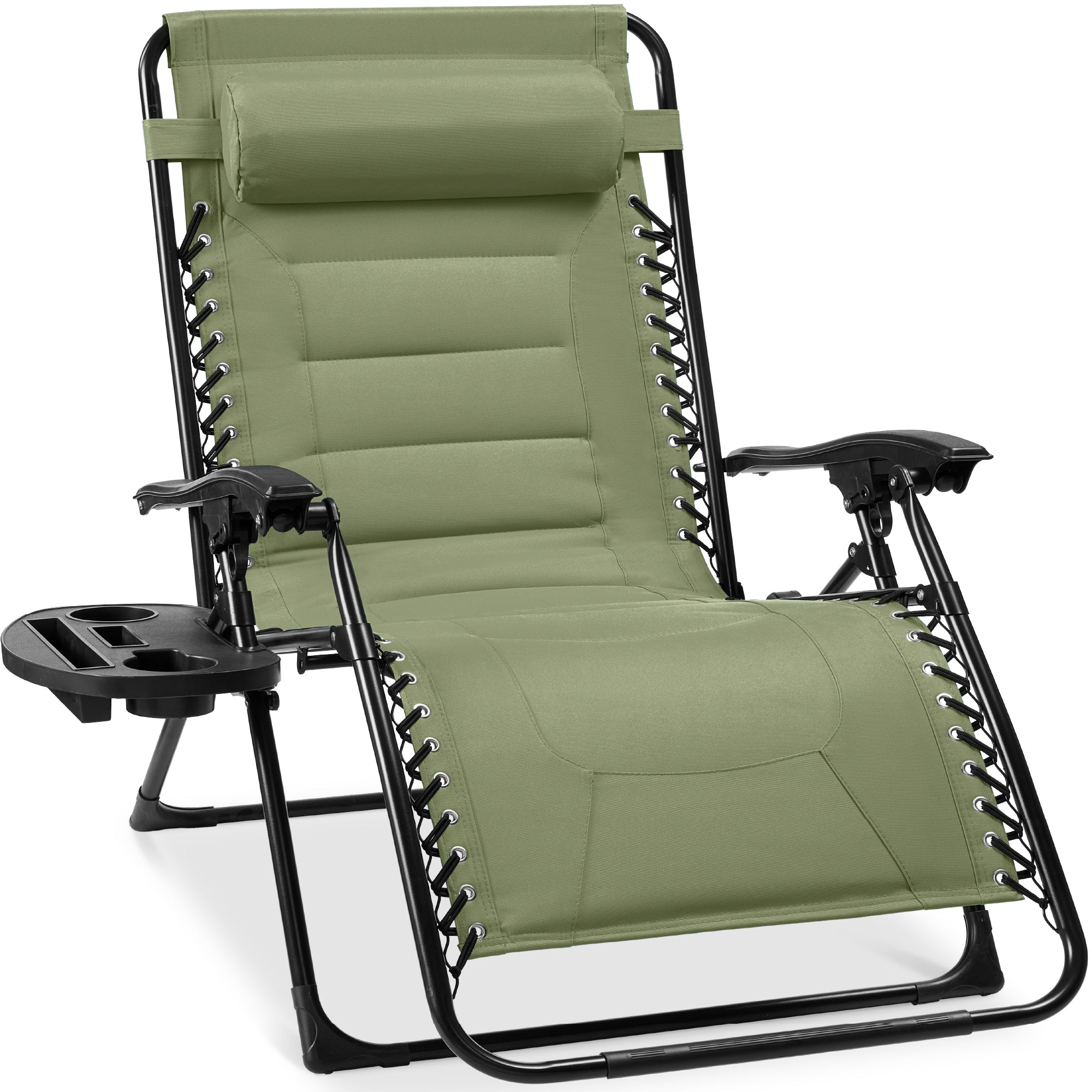 Oversized Padded Zero Gravity Chair, Folding Recliner w/ Headrest, Side Tray - Sage Green