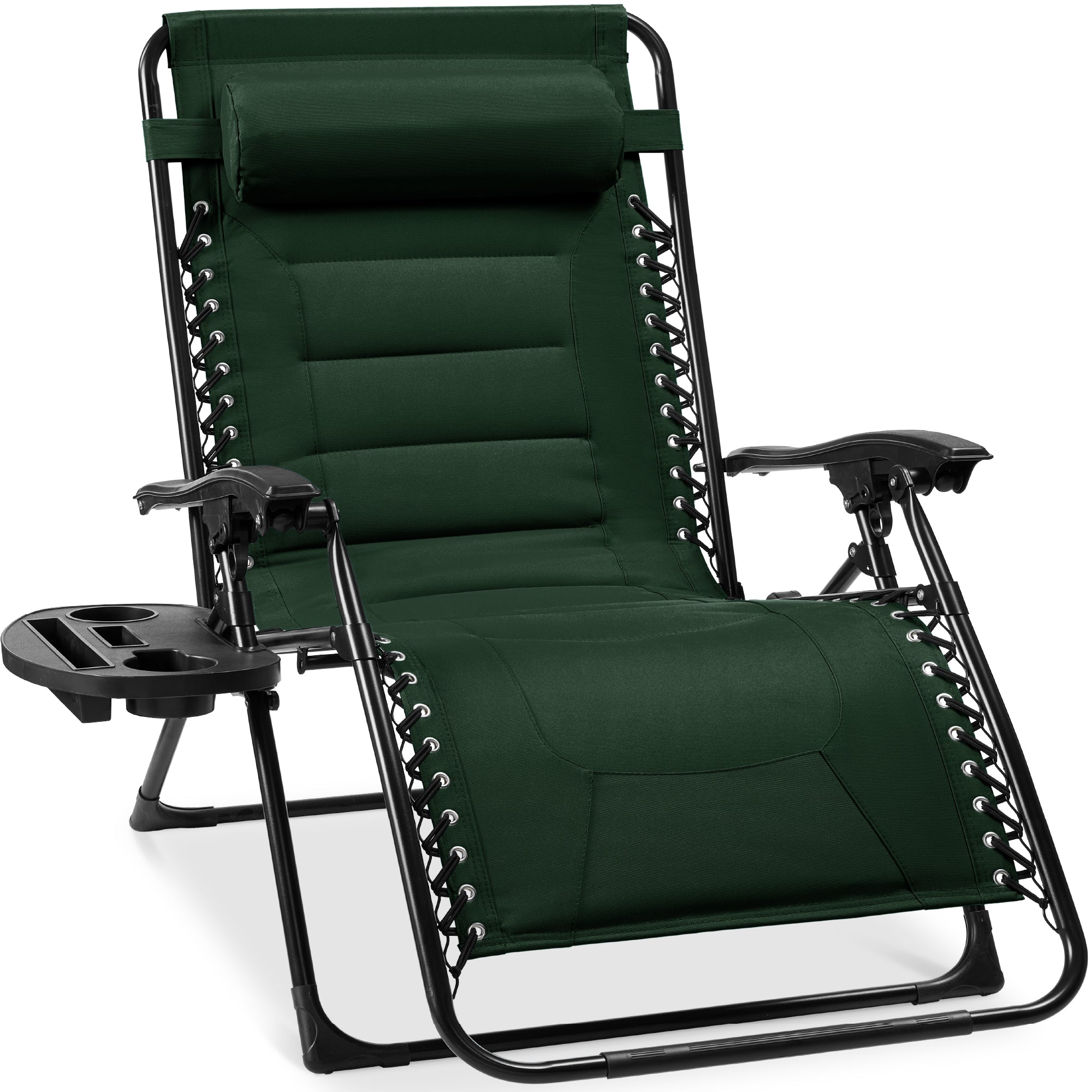 Oversized Padded Zero Gravity Chair, Folding Recliner w/ Headrest, Side Tray - Forest Green