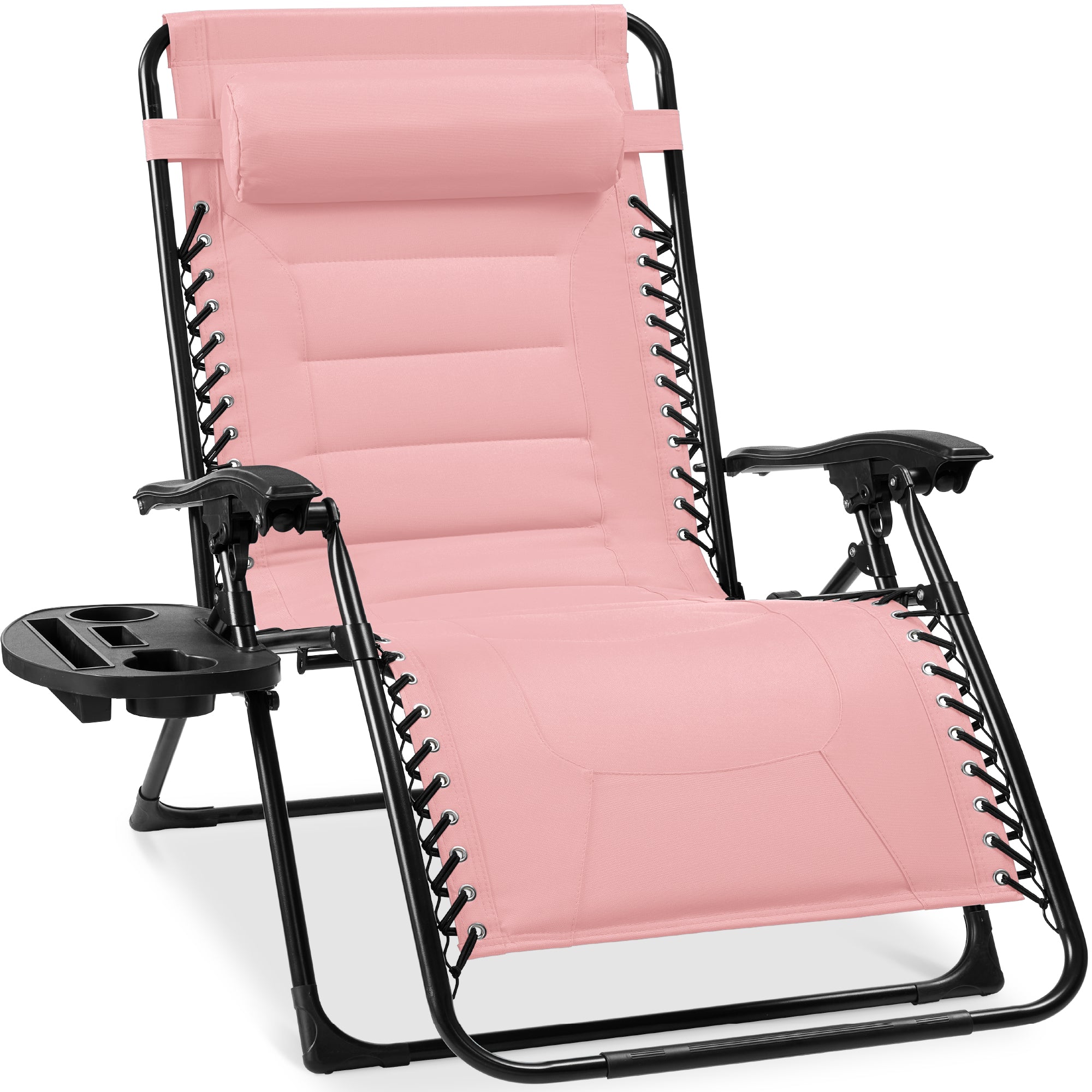 Oversized Padded Zero Gravity Chair, Folding Recliner w/ Headrest, Side Tray - Bubblegum Pink