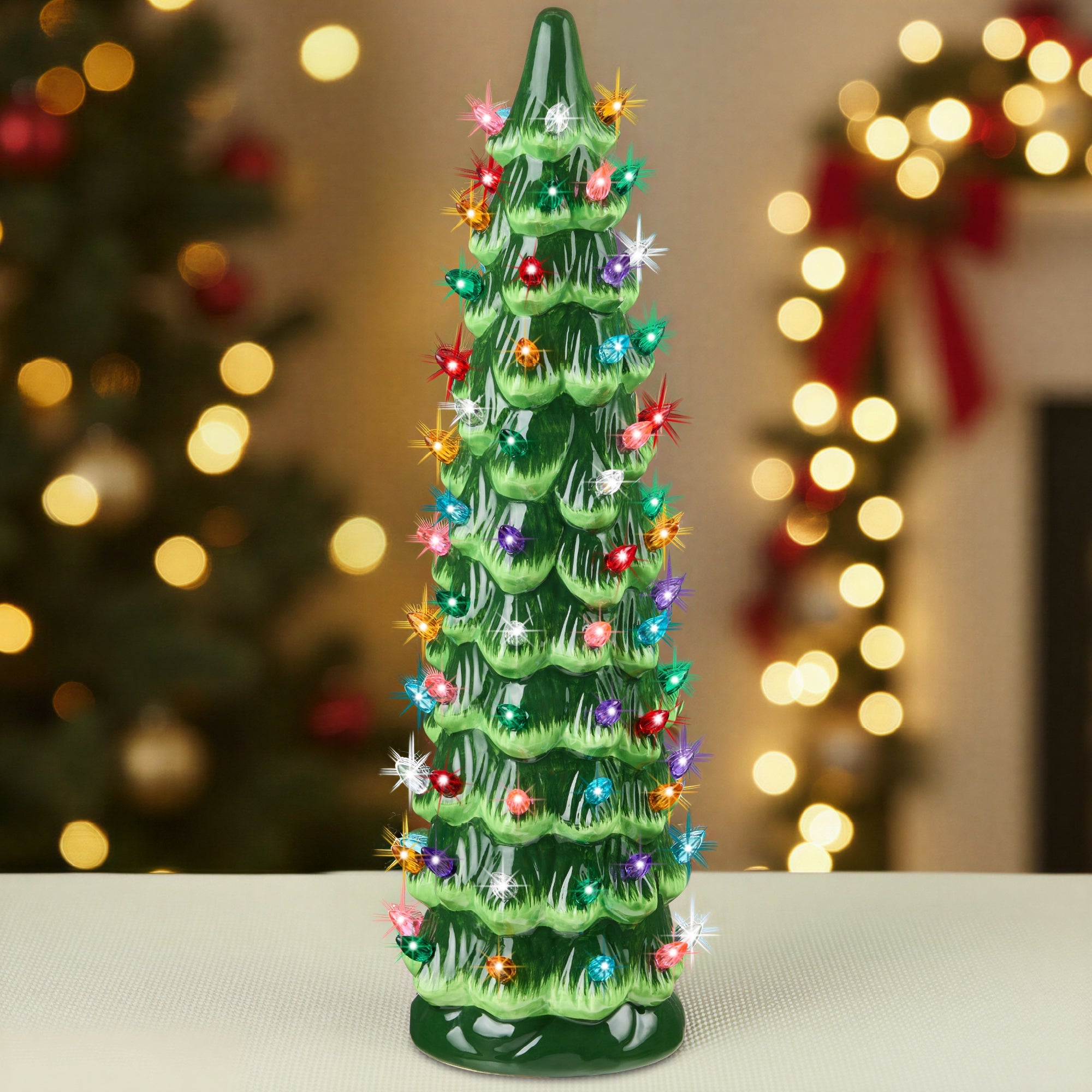 15in Ceramic Christmas Tree, Hand-Painted Holiday Decor w/ LED Lights - Green w/ Multicolor Lights