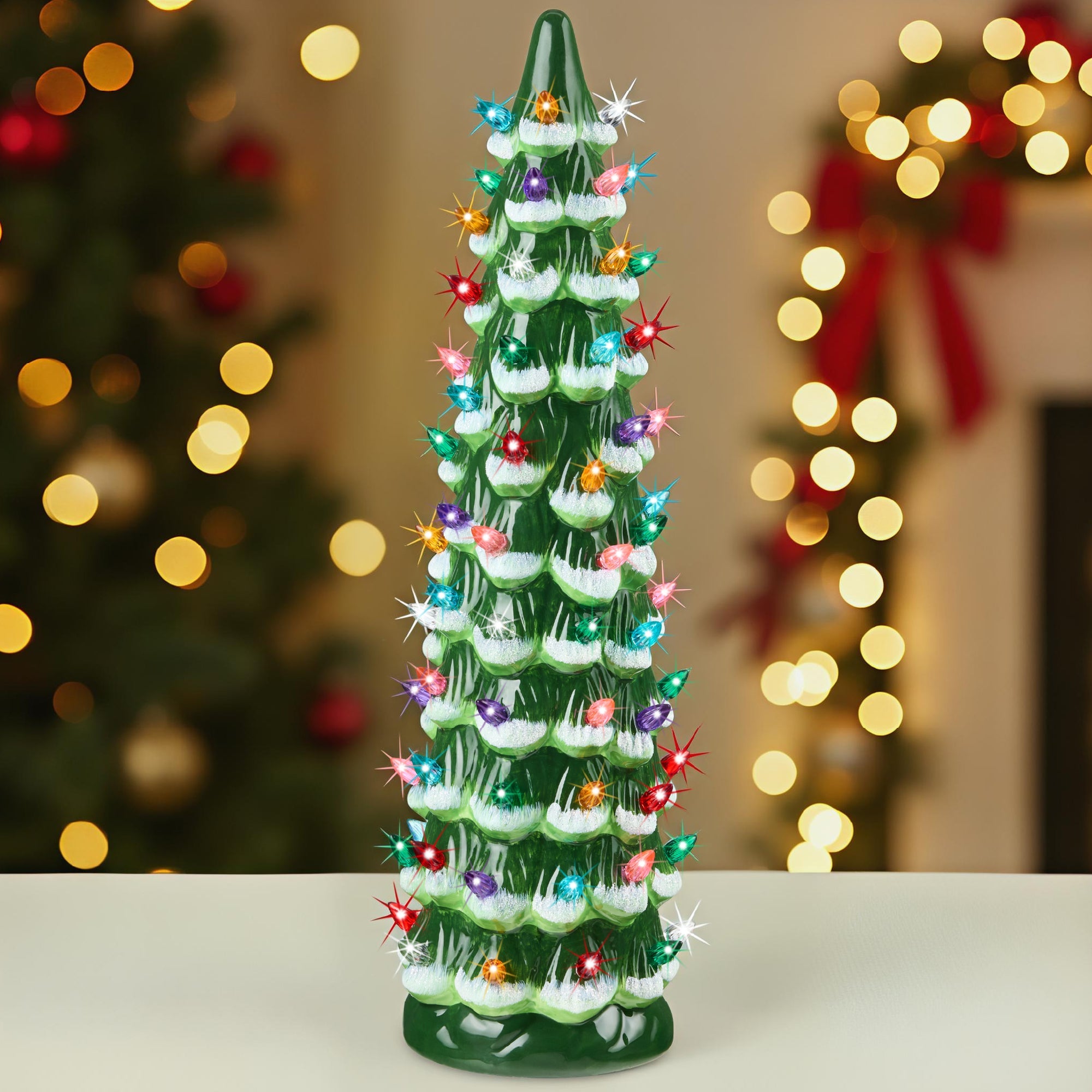 18in Ceramic Christmas Tree, Hand-Painted Holiday Decor w/ LED Lights - Frosted w/ Multicolored Lights