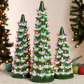 Set of 3 XL Pre-Lit Ceramic Tabletop Christmas Trees - Flocked Green w/ Multicolor Lights