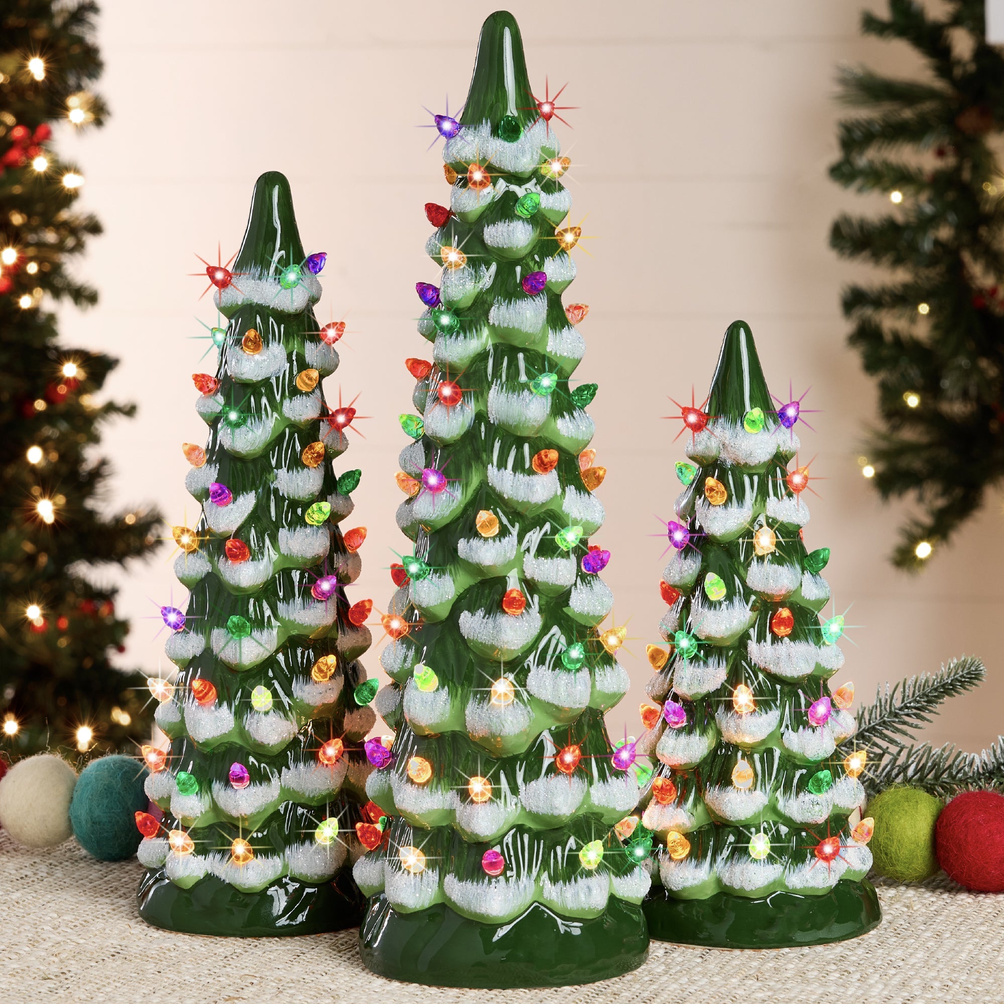 Set of 3 XL Pre-Lit Ceramic Tabletop Christmas Trees - Flocked Green w/ Multicolor Lights