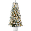 Pre-Lit Potted Flocked Christmas Tree w/ Twinkling White LEDs - 6ft