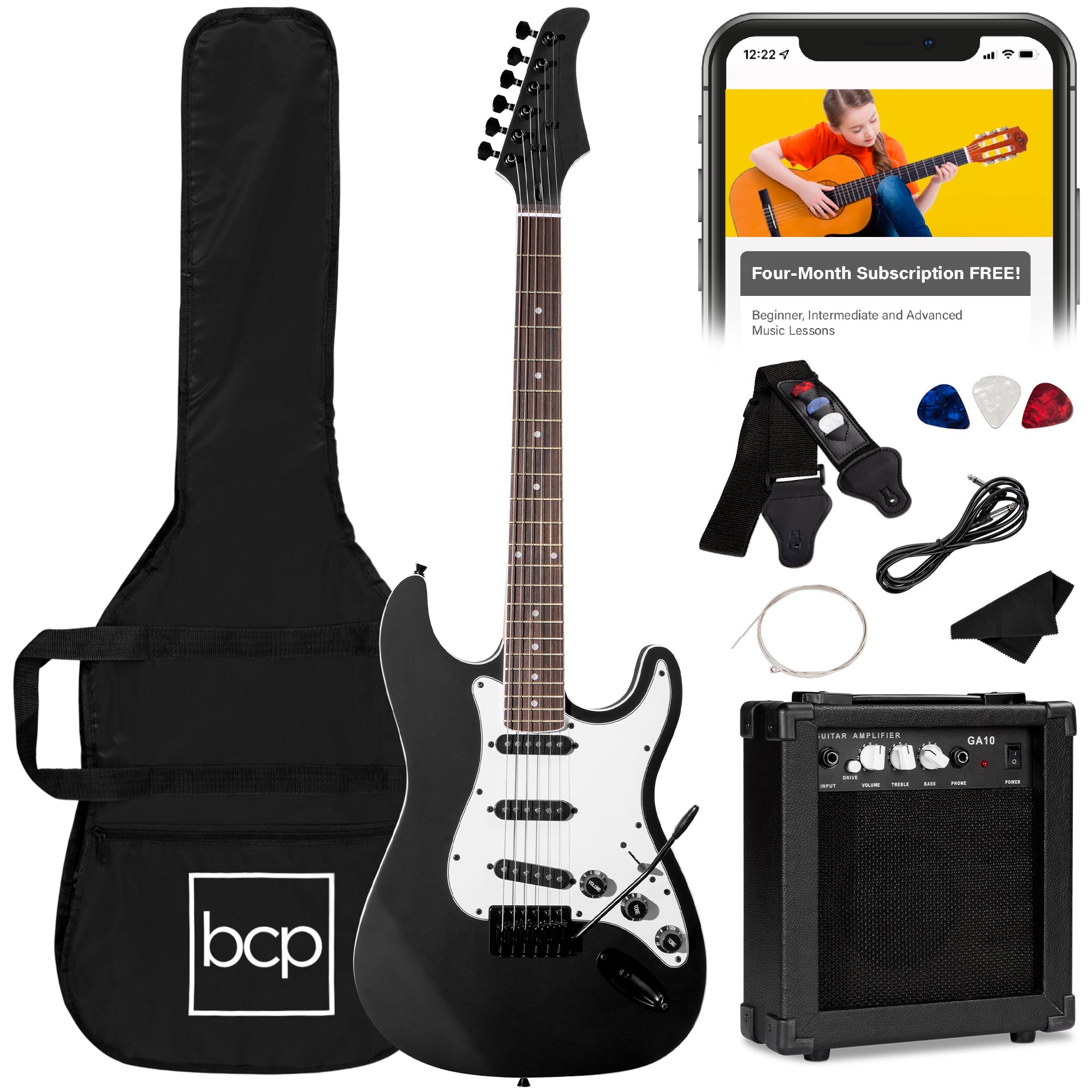 Beginner Electric Guitar Kit w/ Case, 10W Amp, Tremolo Bar - 39in - Jet Black