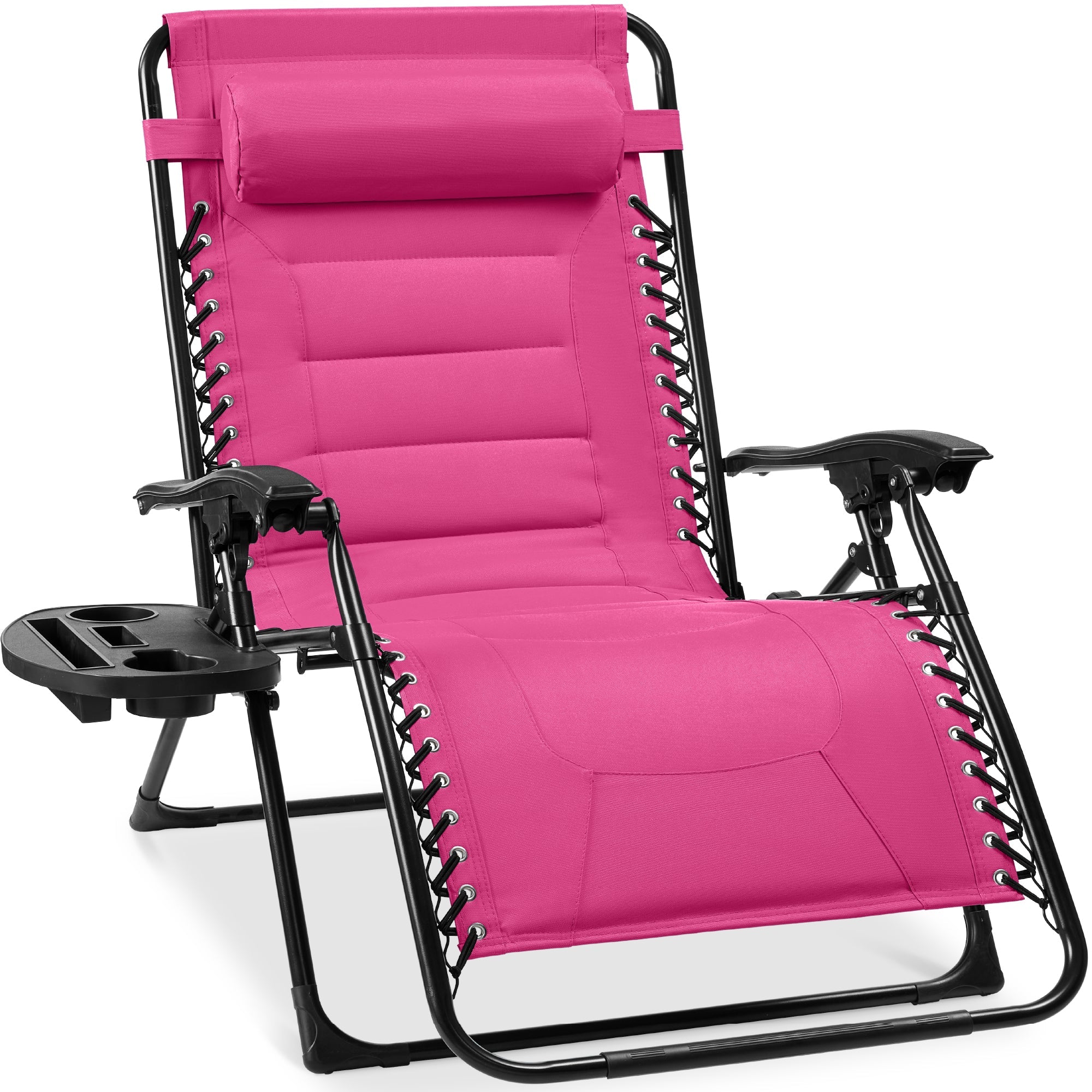 Oversized Padded Zero Gravity Chair, Folding Recliner w/ Headrest, Side Tray - Hot Pink