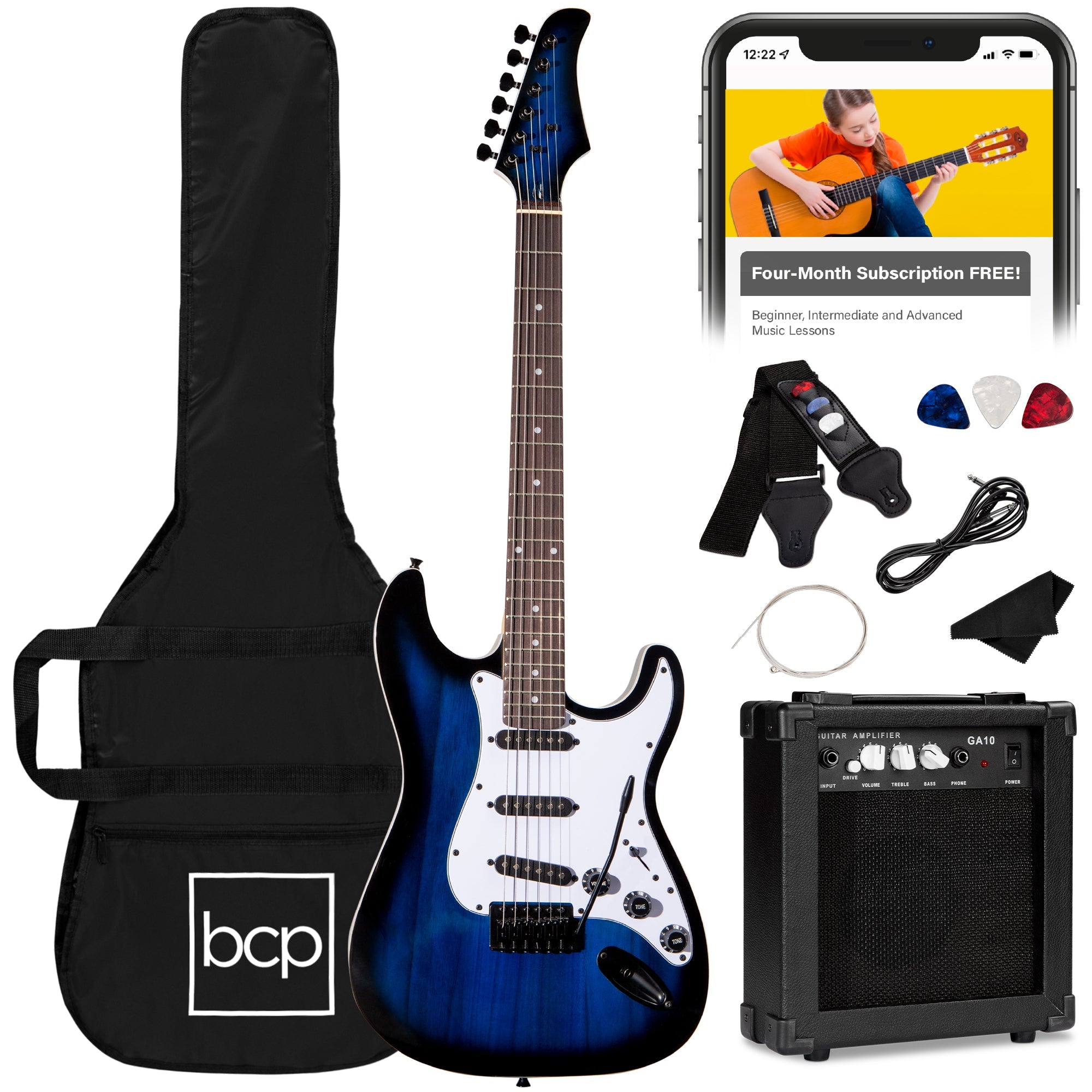 Beginner Electric Guitar Kit w/ Case, 10W Amp, Tremolo Bar - 39in - Hollywood Blue