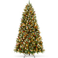 Pre-Lit Frosted Spruce Christmas Tree, w/ Pinecones, Berries, Metal Base