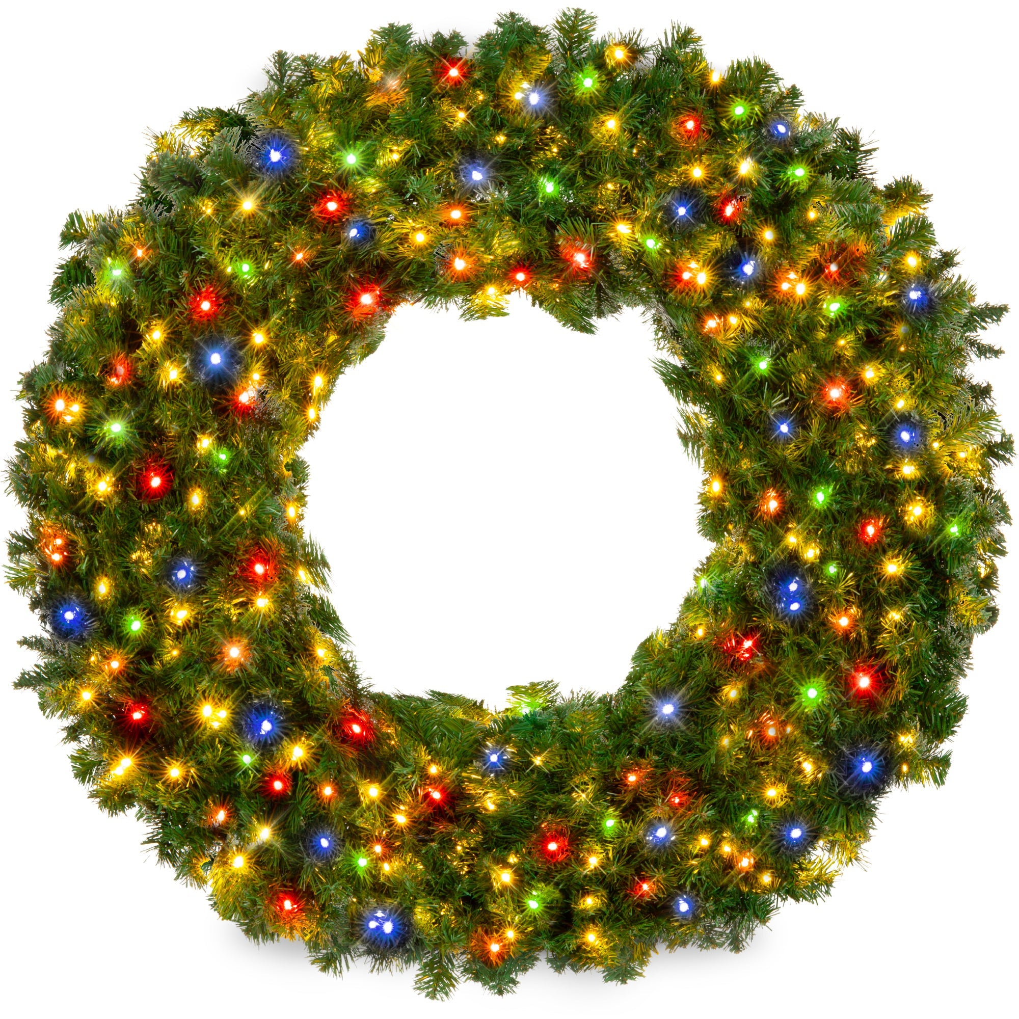 Pre-Lit Artificial Fir Christmas Wreath w/ Multicolor LED Lights, PVC Tips - 24in