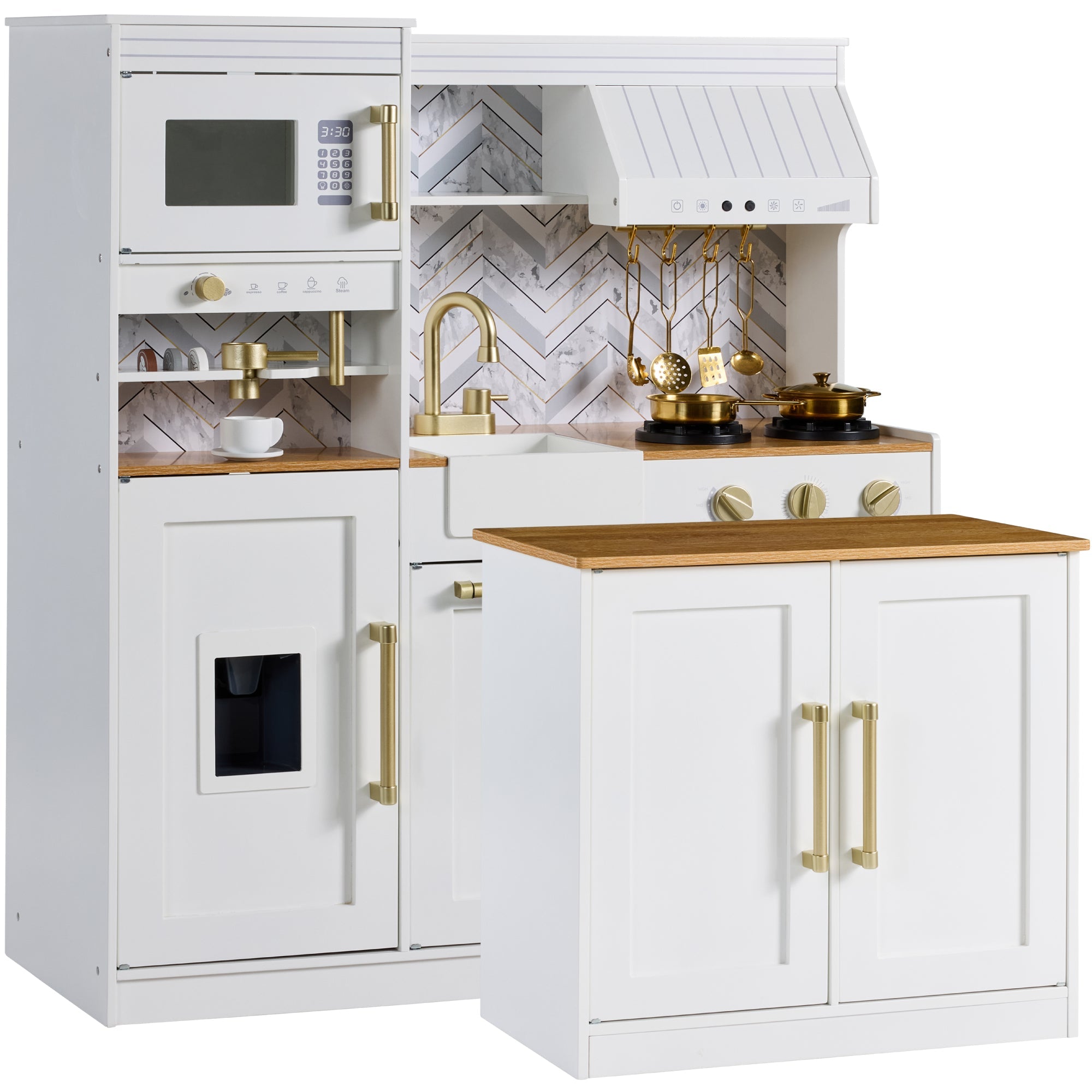 Pretend Kitchen Toy Set for Kids w/Lights, Sounds, Island, Espresso Machine - White