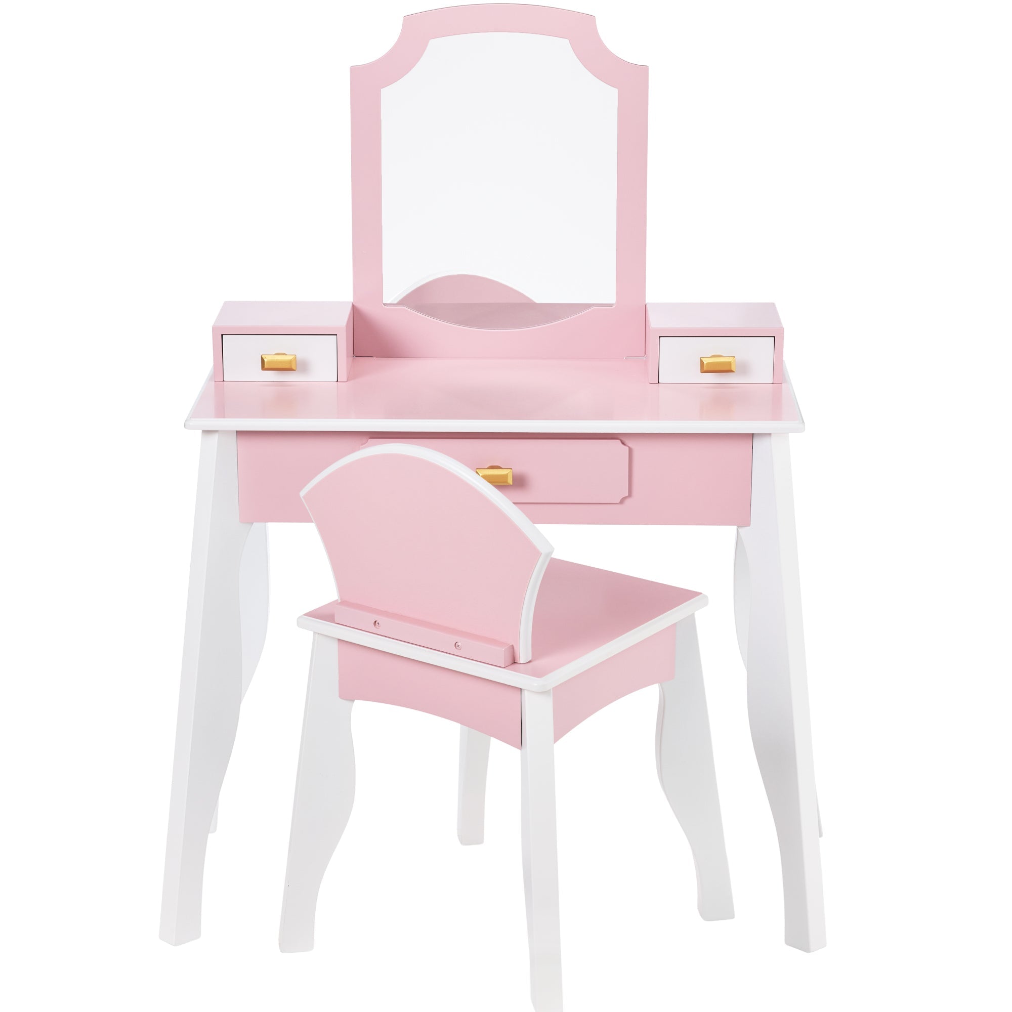 Kids Wooden Pretend Play Vanity and Chair Set w/ Mirror - Pink