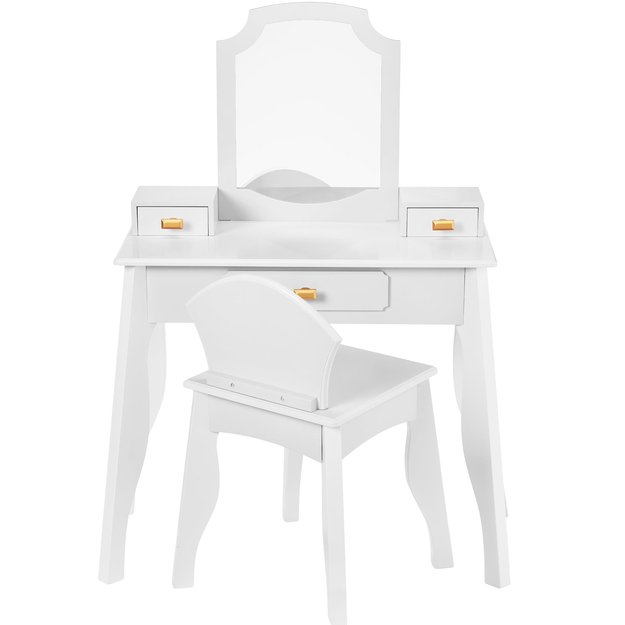 Kids Wooden Pretend Play Vanity and Chair Set w/ Mirror - White