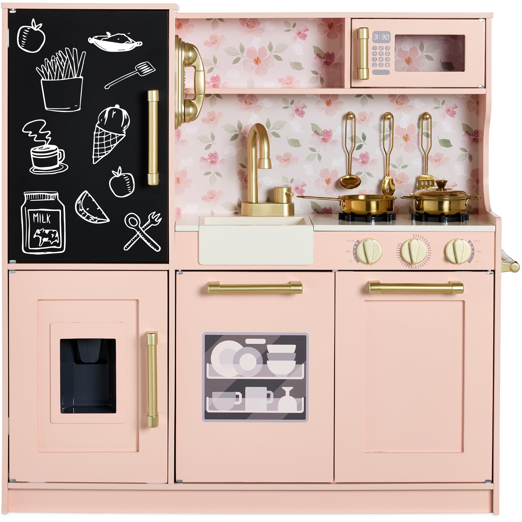 Pretend Play Kitchen Wooden Toy Set for Kids with 11 Accessories - Plush Pink with Peach