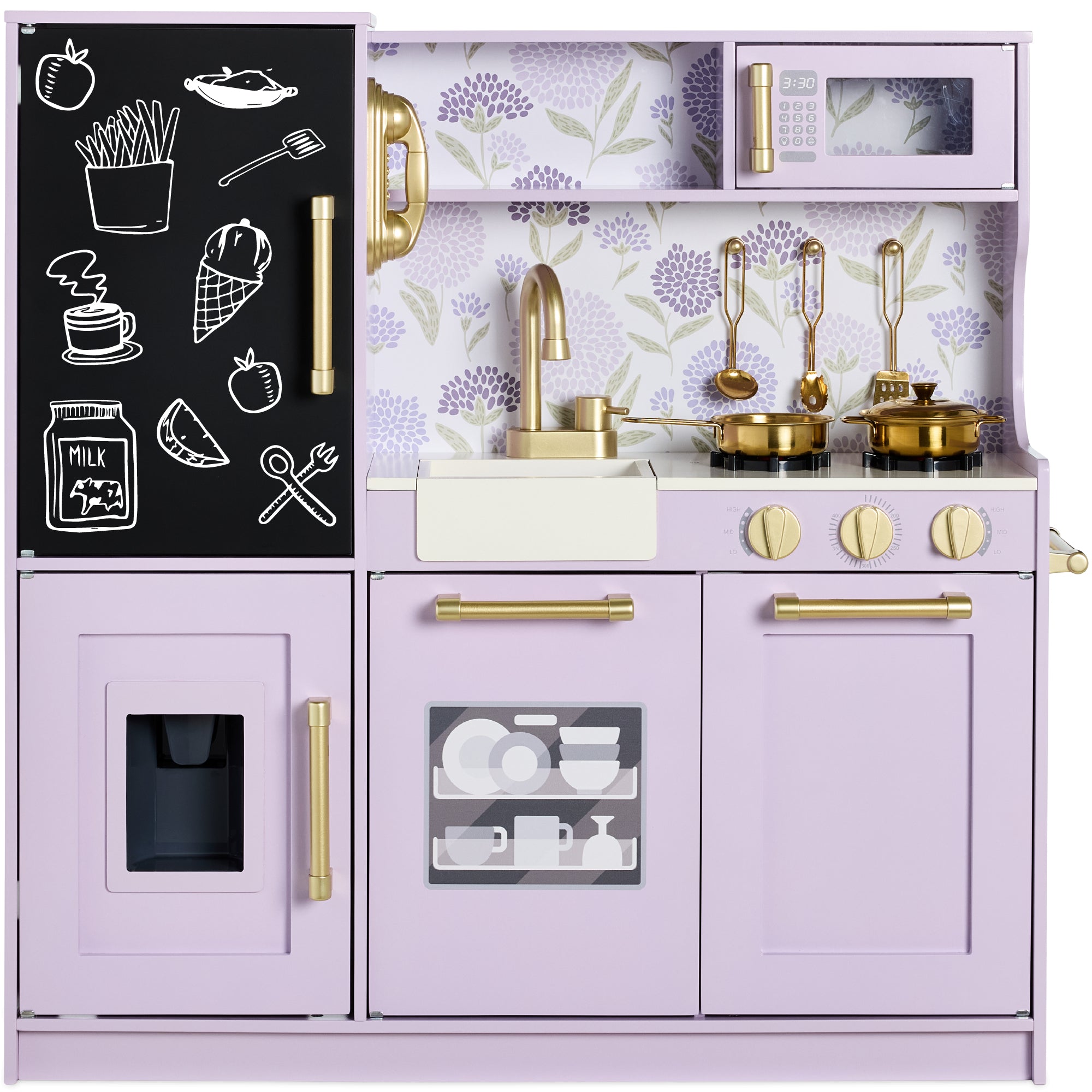 Pretend Play Kitchen Wooden Toy Set for Kids with 11 Accessories - Lavender with Dandelion Backsplash