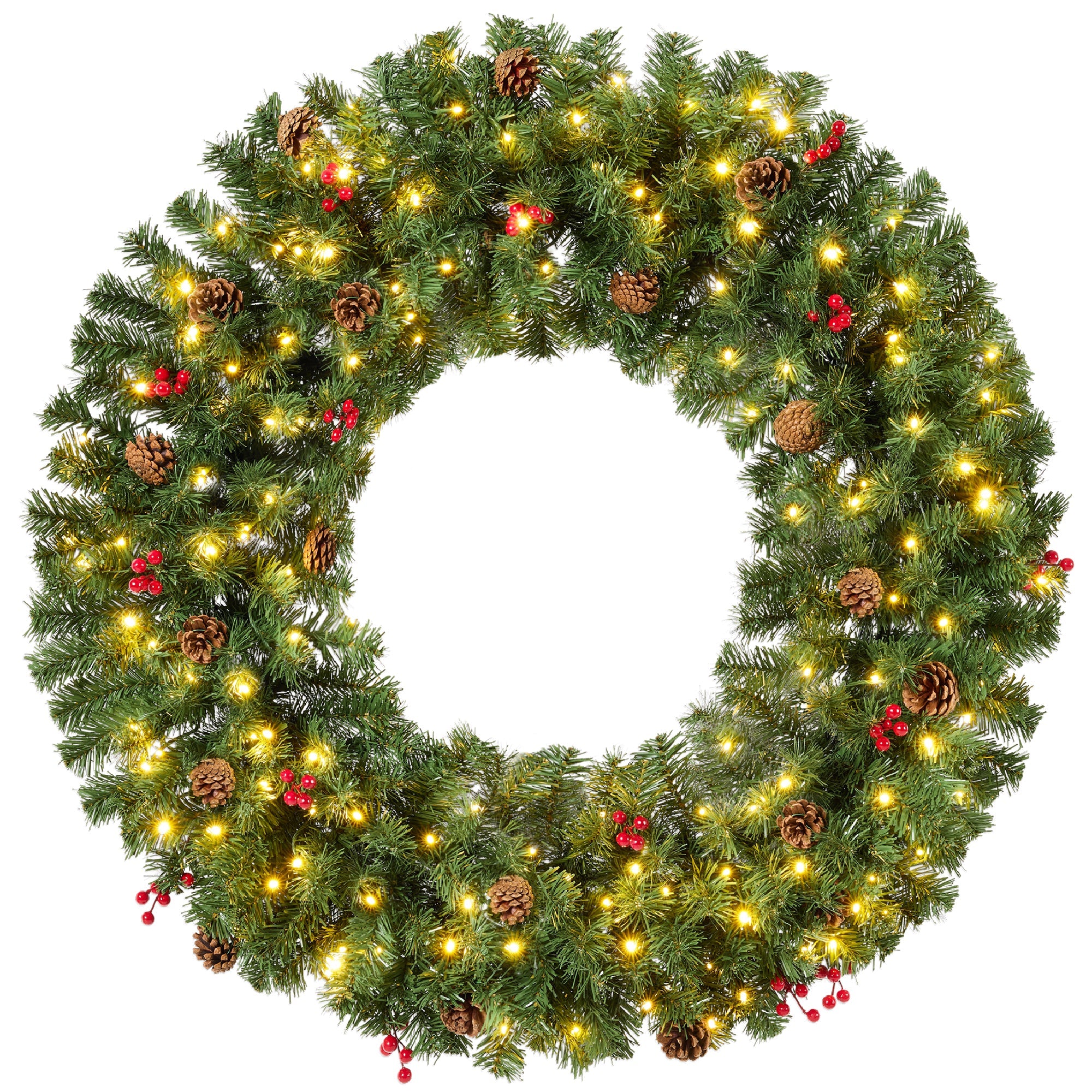 Pre-Lit Artificial Christmas Wreath w/Berries & Pinecones, Lights - 48in
