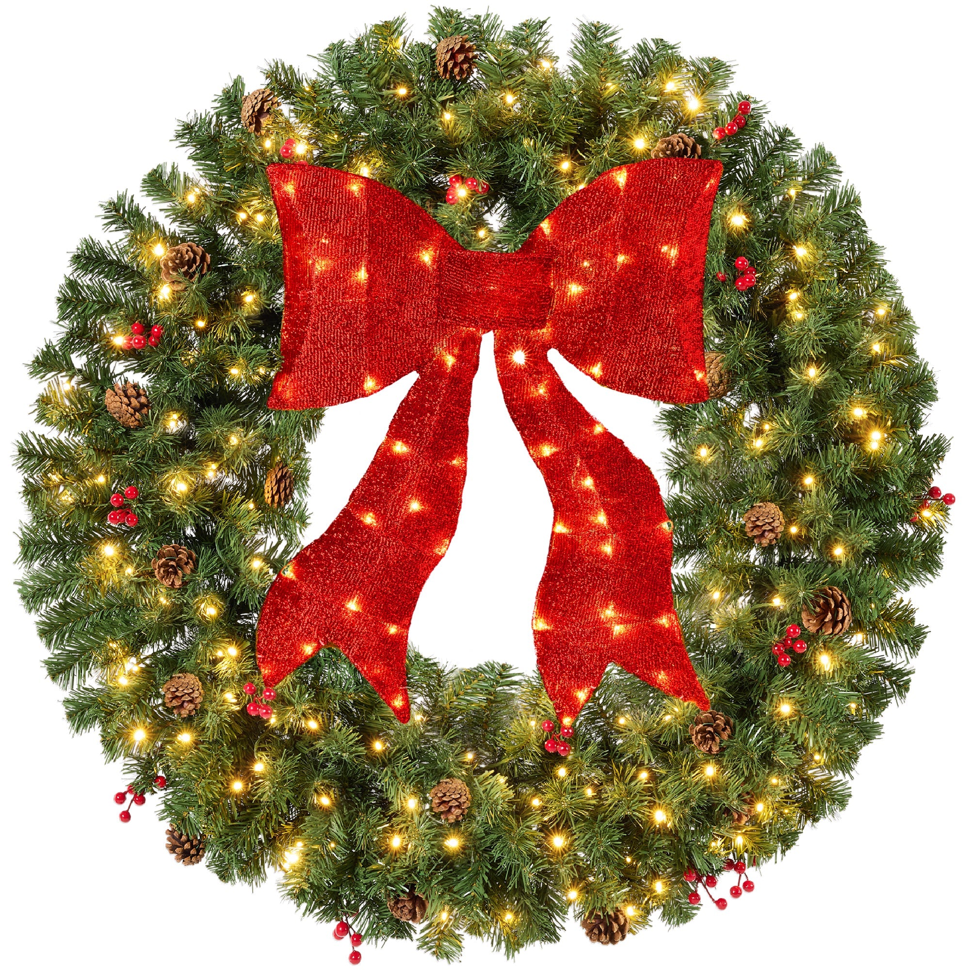 Pre-Lit Artificial Christmas Wreath w/Berries & Pinecones, Red Bow, Lights - 30in