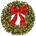 Pre-Lit Artificial Christmas Wreath w/Berries & Pinecones, Red Bow, Lights - 36in