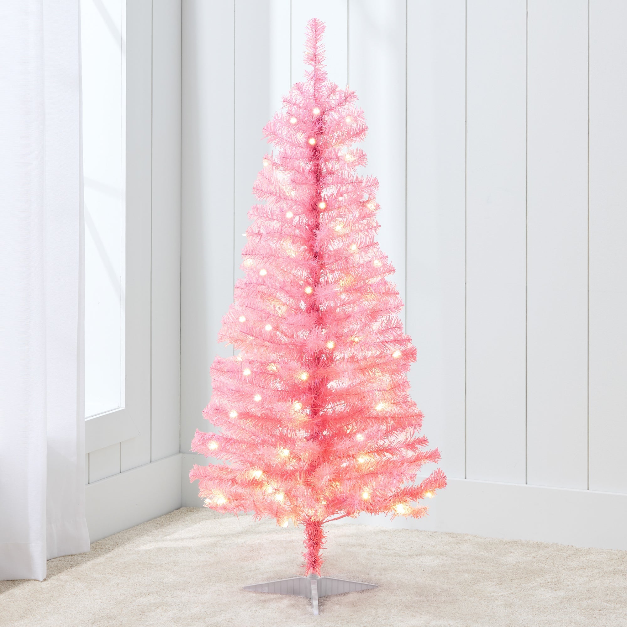 Pre-lit Colorful Mini Spruce Christmas Tree w/ LED Lights - 4ft - Pink Tinsel