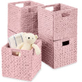 Set of 5 Collapsible Hyacinth Storage Baskets w/ Inserts - 10.5x10.5in - Pink