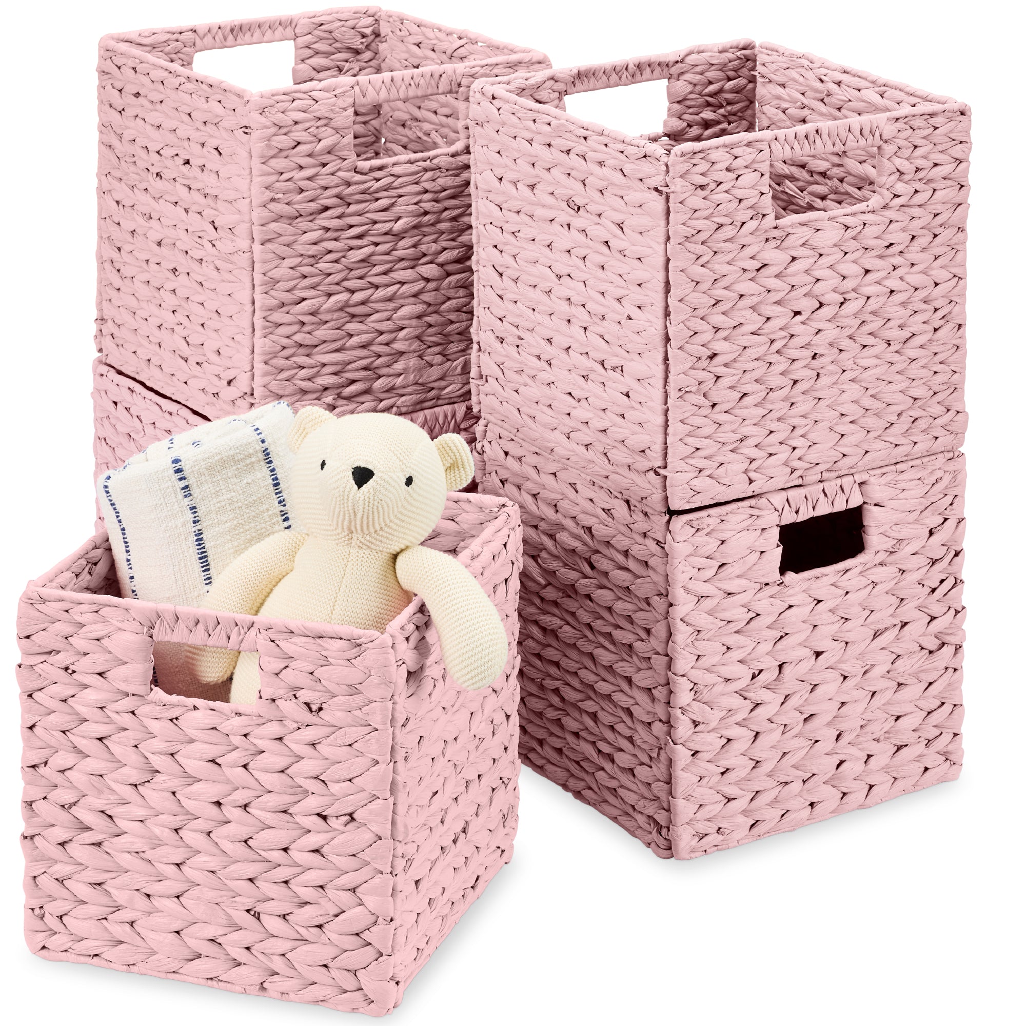 Set of 5 Collapsible Hyacinth Storage Baskets w/ Inserts - 10.5x10.5in - Pink