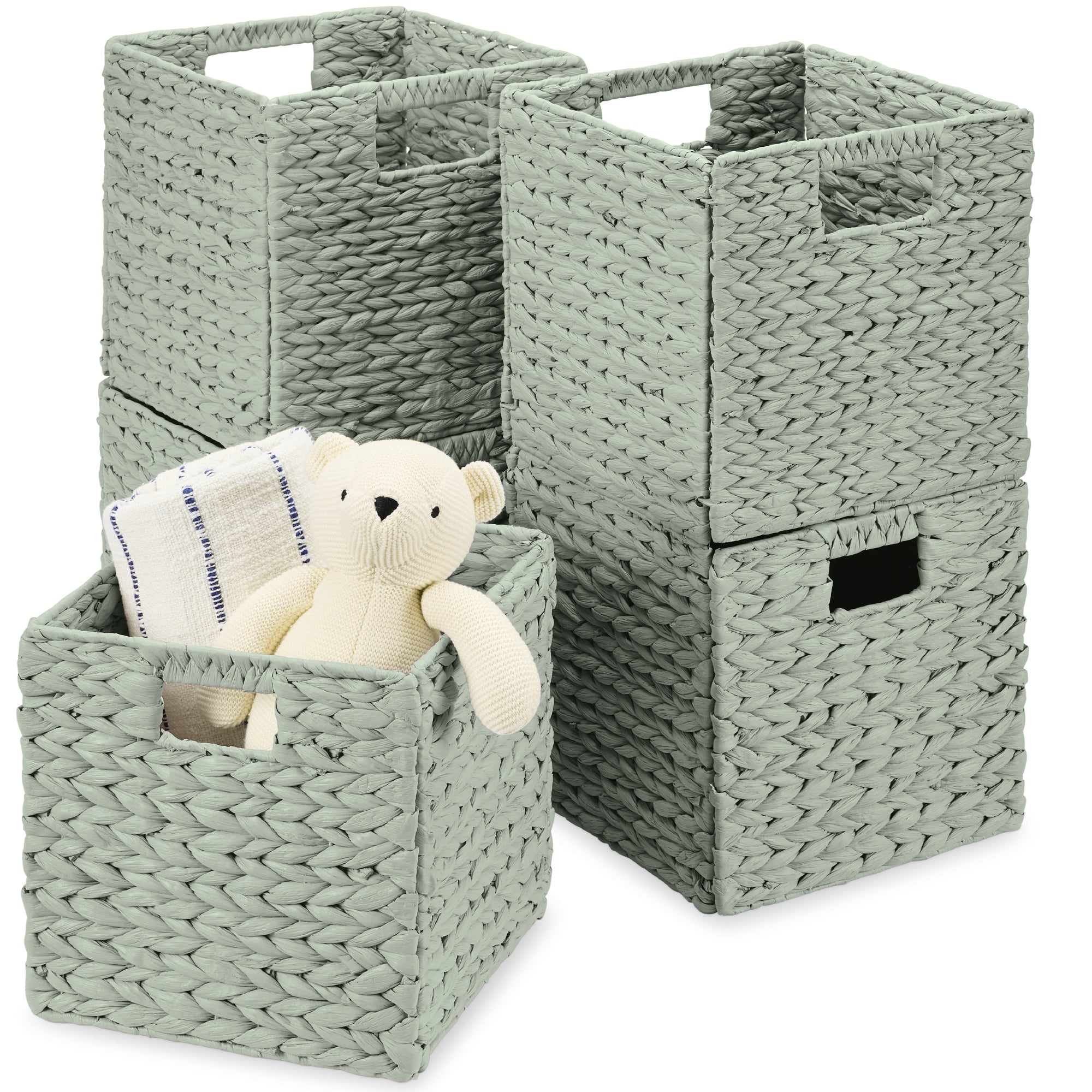 Set of 5 Collapsible Hyacinth Storage Baskets w/ Inserts - 10.5x10.5in - Sage