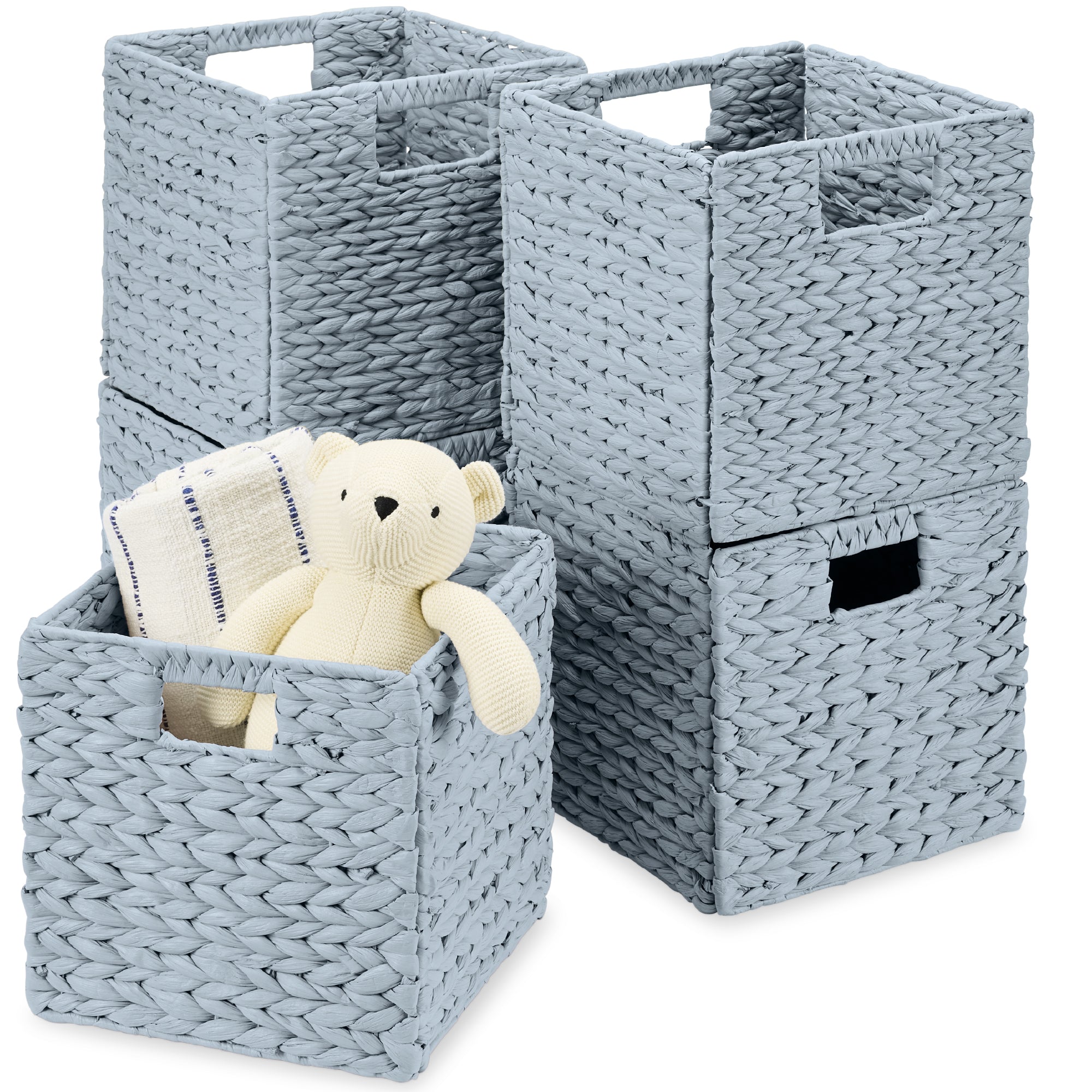 Set of 5 Collapsible Hyacinth Storage Baskets w/ Inserts - 10.5x10.5in - Blue