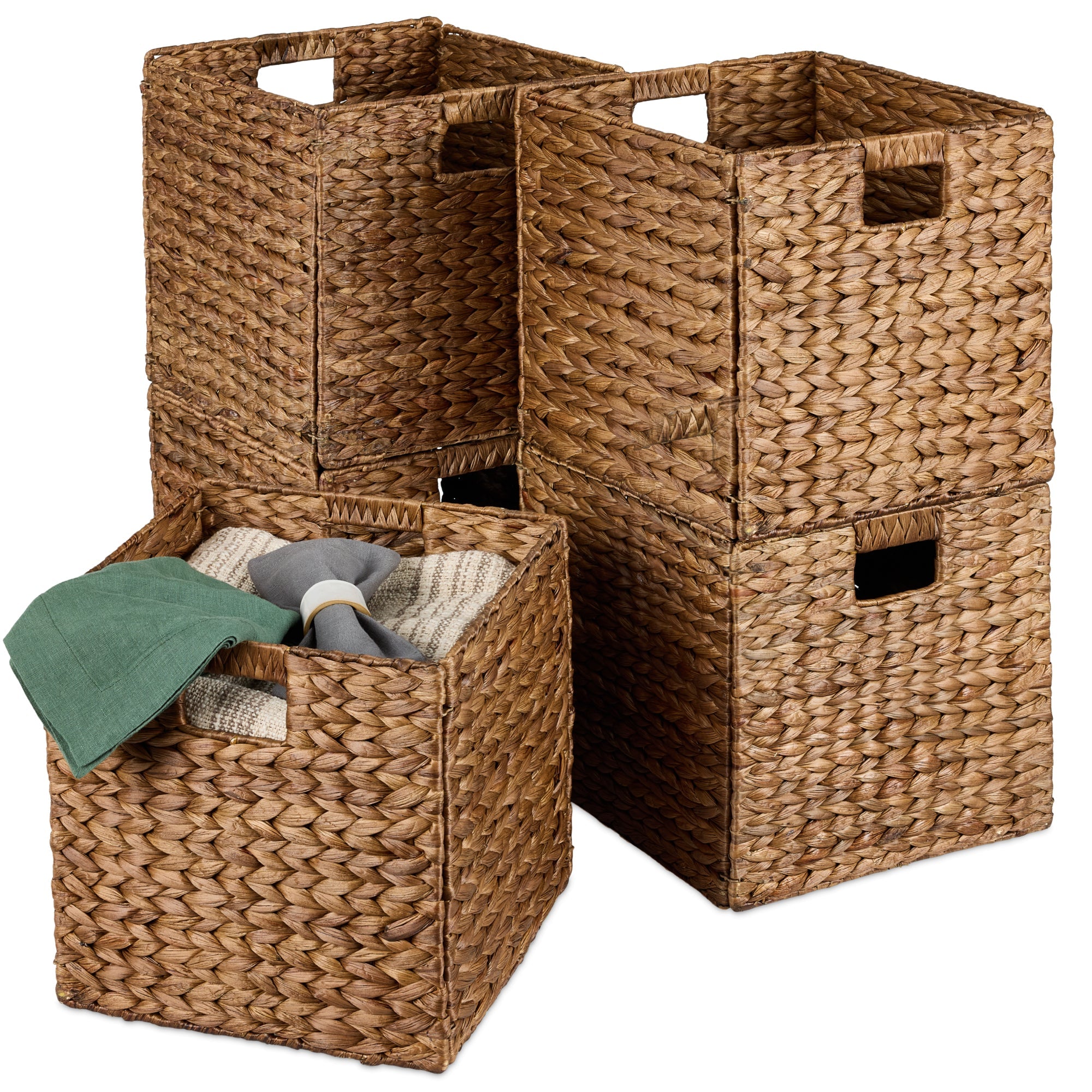 Set of 5 Collapsible Hyacinth Storage Baskets w/ Inserts - 13x13in - Chestnut