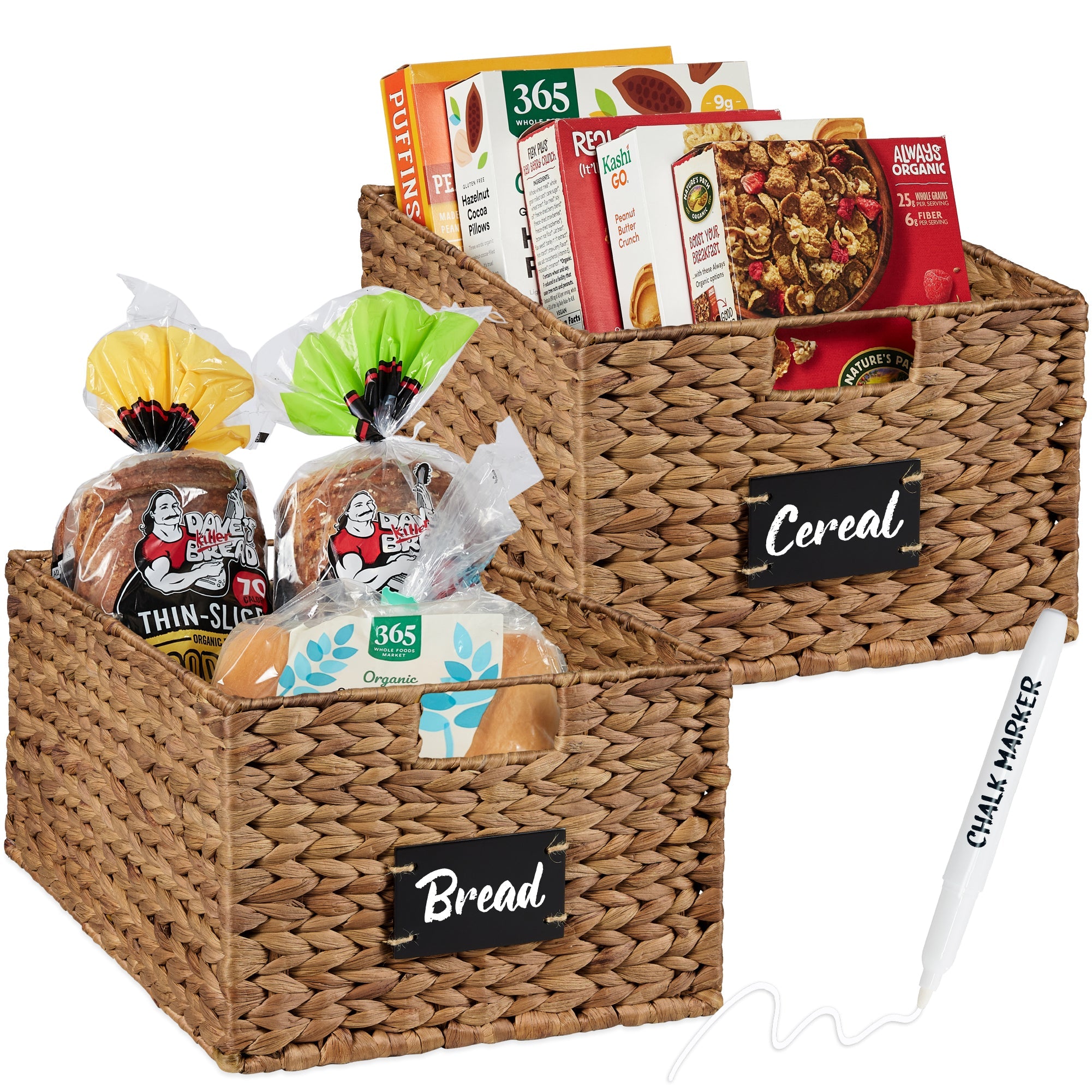 Set of 2 Water Hyacinth Pantry Baskets w/ Chalkboard, Marker - 16in - Chestnut
