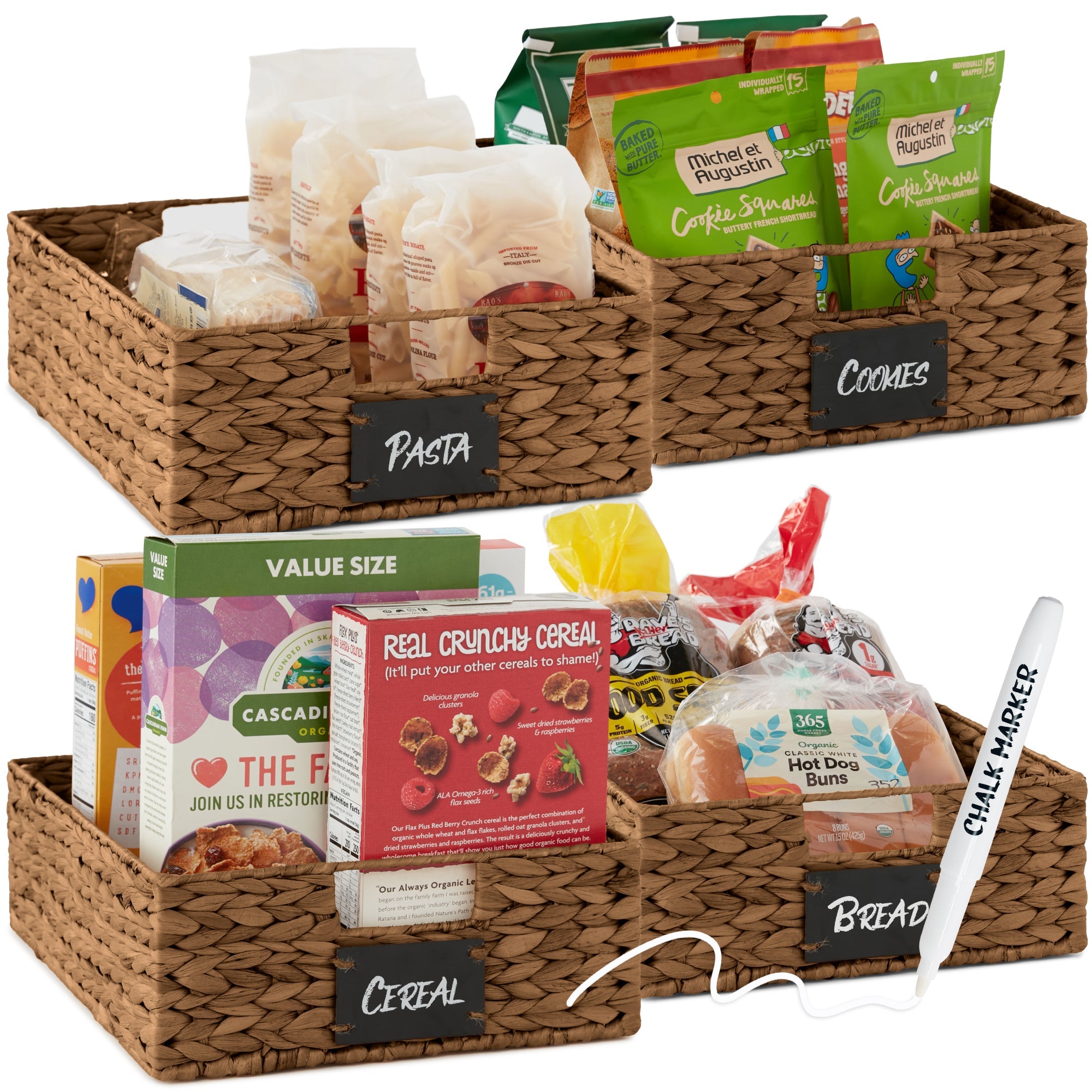 Set of 4 Water Hyacinth Pantry Baskets w/ Chalkboard, Chalk Marker - Chestnut