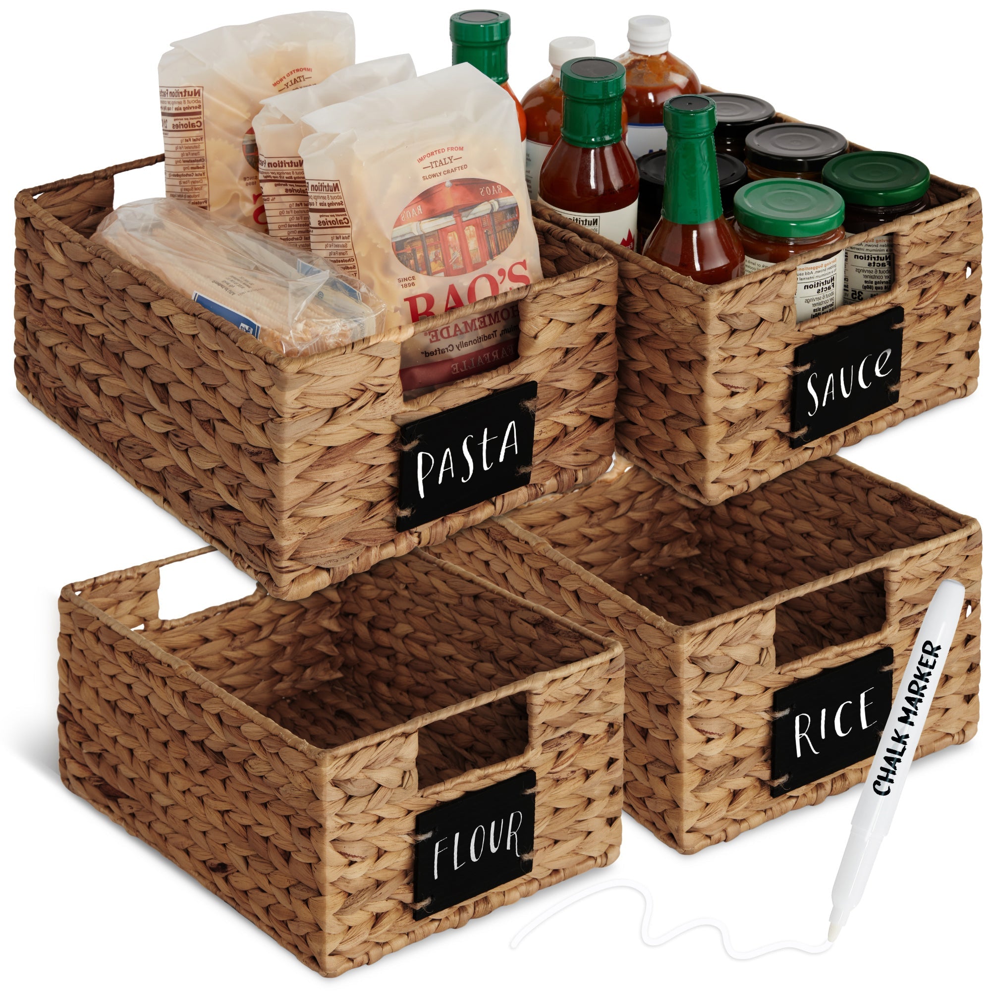 Set of 4 Water Hyacinth Pantry Baskets w/ Chalkboard, Marker - 12in - Chestnut