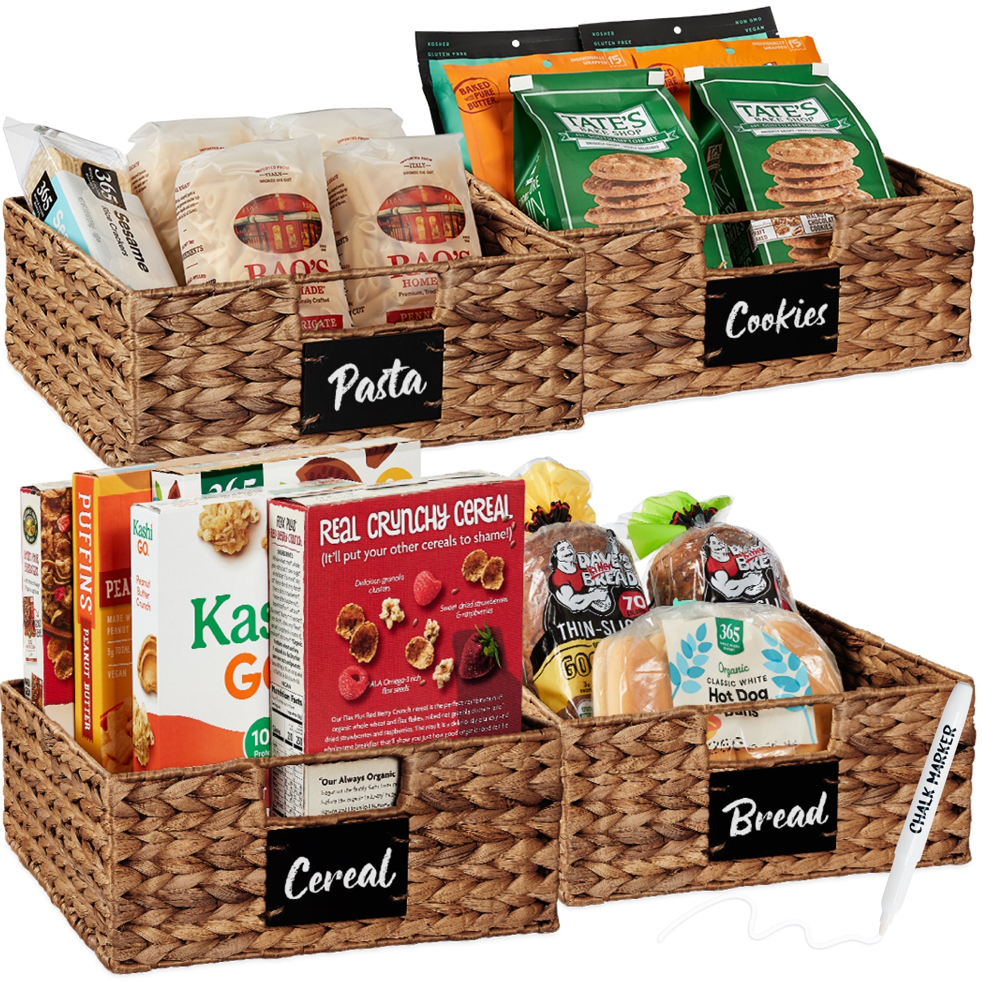 Set of 4 Water Hyacinth Pantry Baskets w/ Chalkboard, Marker - 13in - Chestnut