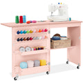 Folding Sewing Table Multipurpose Craft Station & Side Table w/ Wheels - Pink