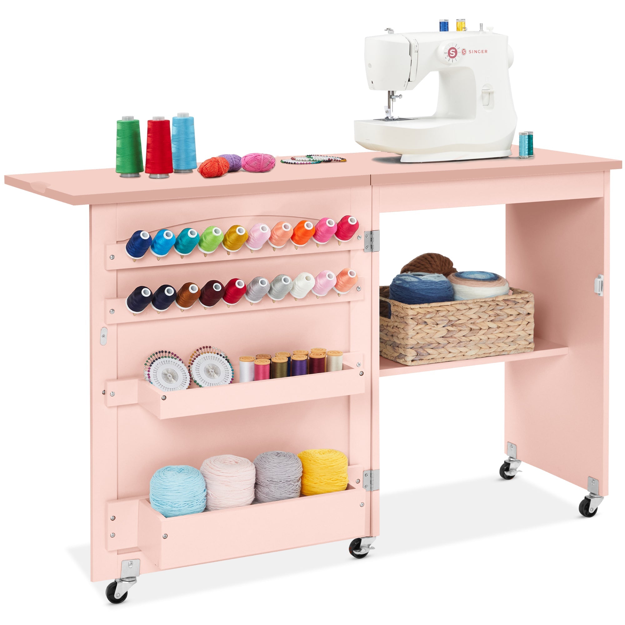 Folding Sewing Table Multipurpose Craft Station & Side Table w/ Wheels - Pink