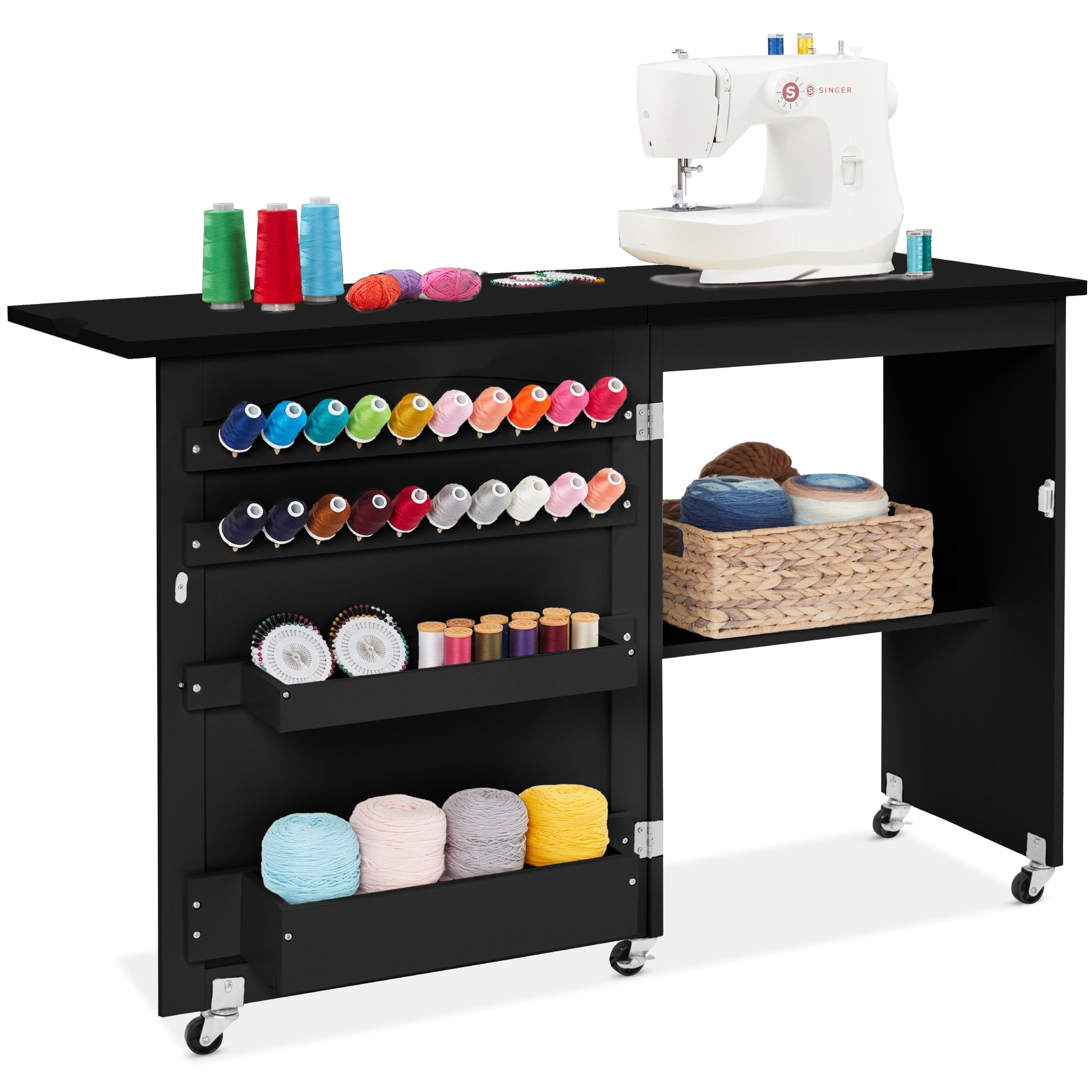 Folding Sewing Table Multipurpose Craft Station & Side Table w/ Wheels - Black