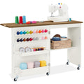 Folding Sewing Table Multipurpose Craft Station & Side Table w/ Wheels - Walnut / Cream