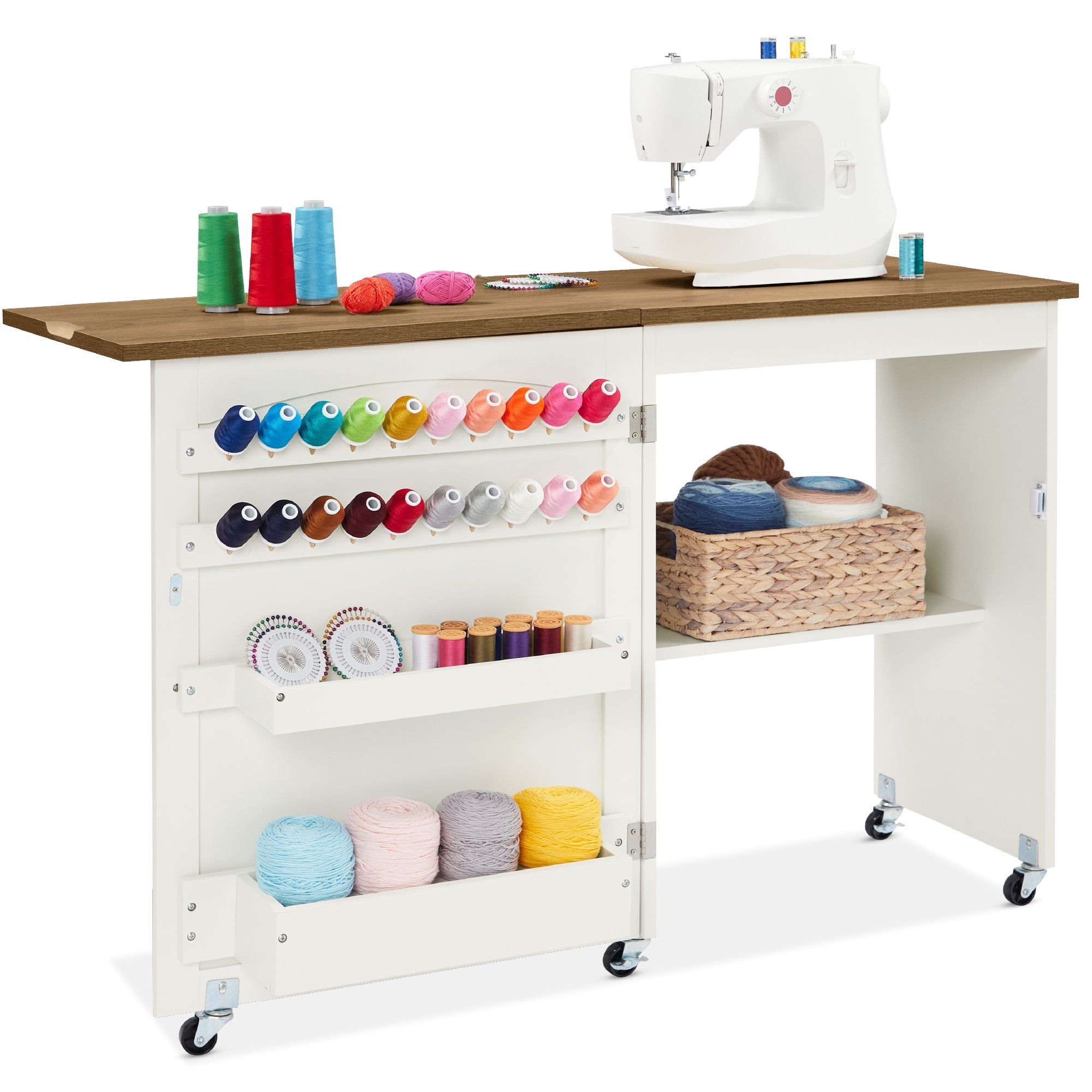 Folding Sewing Table Multipurpose Craft Station & Side Table w/ Wheels - Walnut / Cream