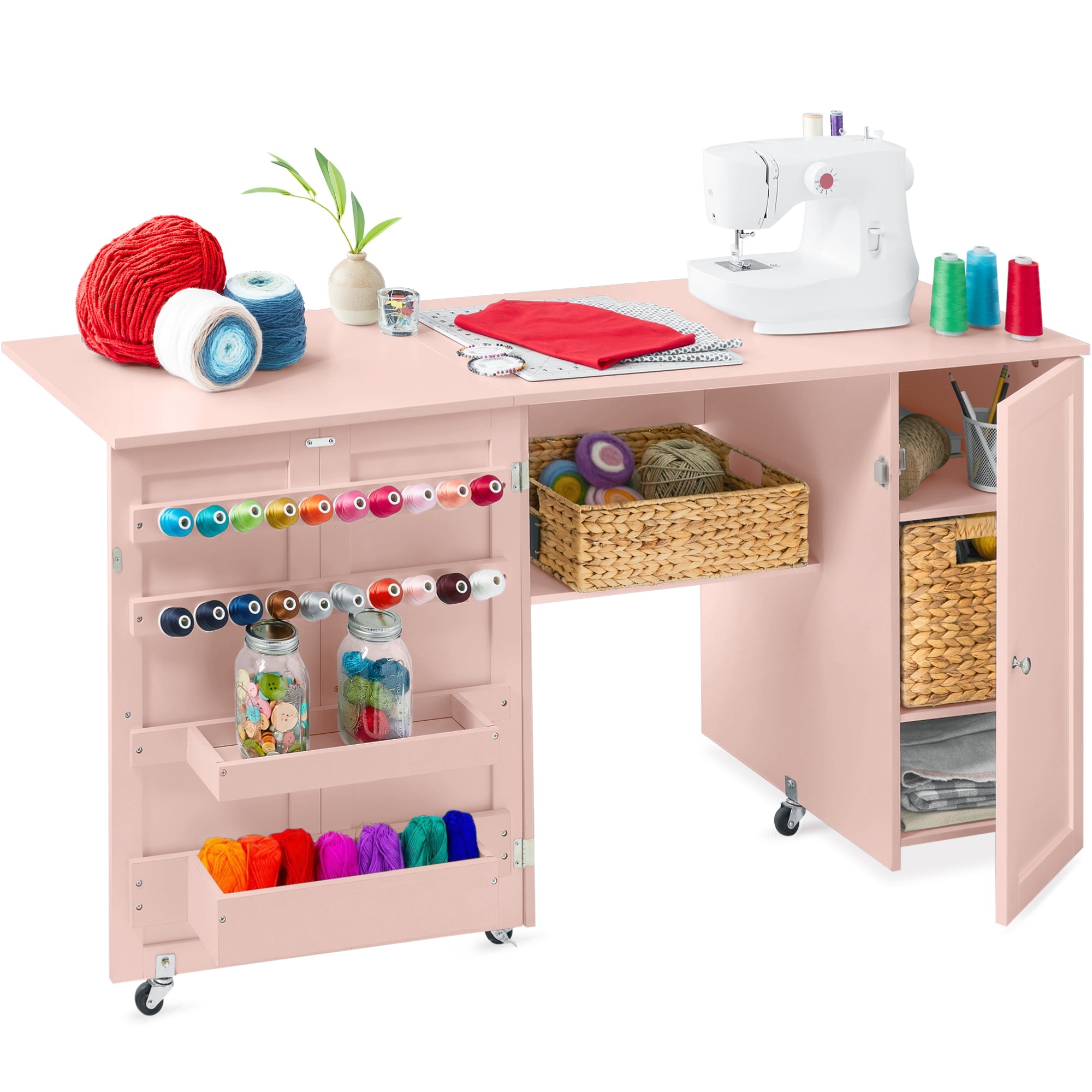 Large Portable Folding Sewing Table Multipurpose Craft Station w/ Wheels - Pink